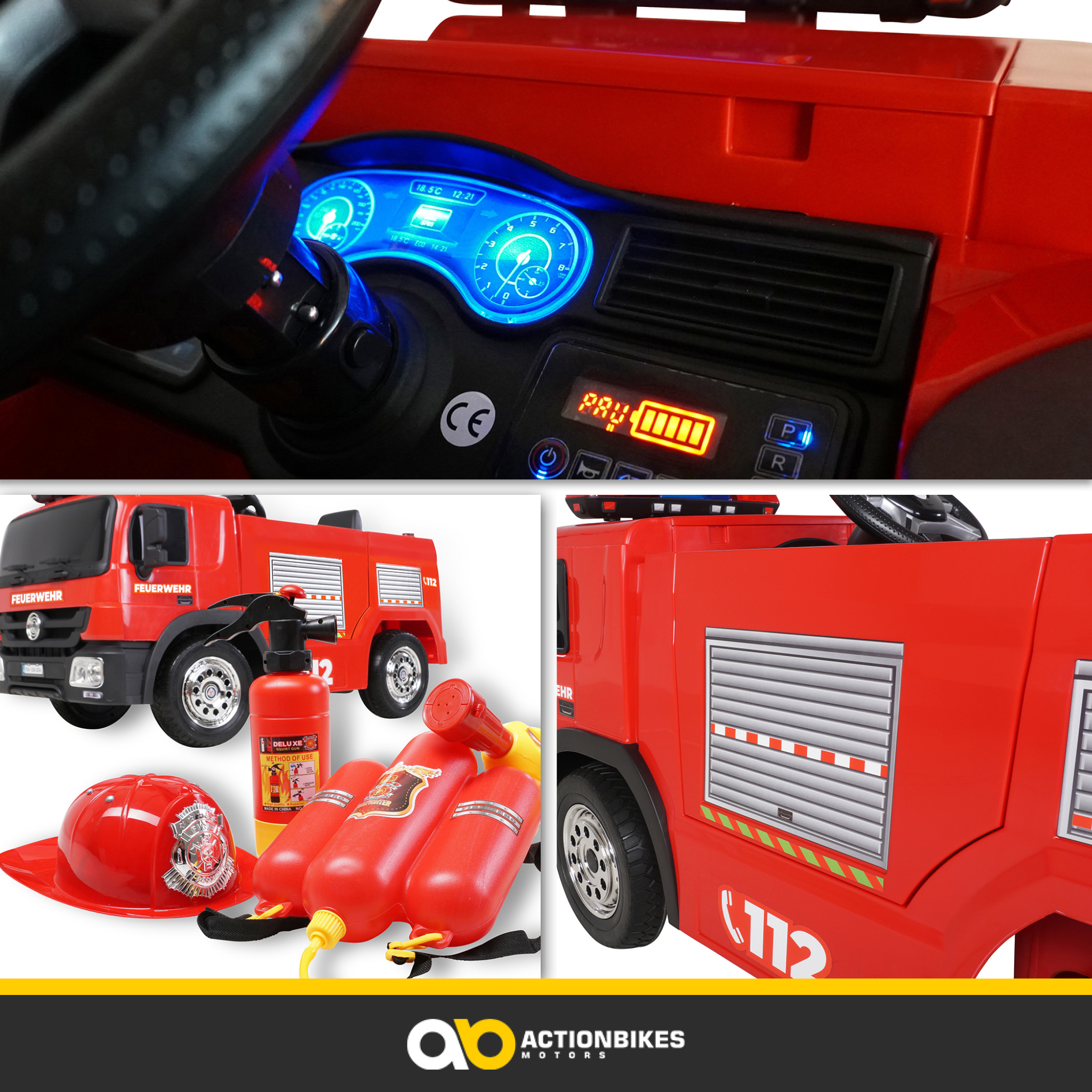 Ein rotes Spielzeug-Feuerwehrauto mit Zubehör und eine Nahaufnahme des Armaturenbretts.