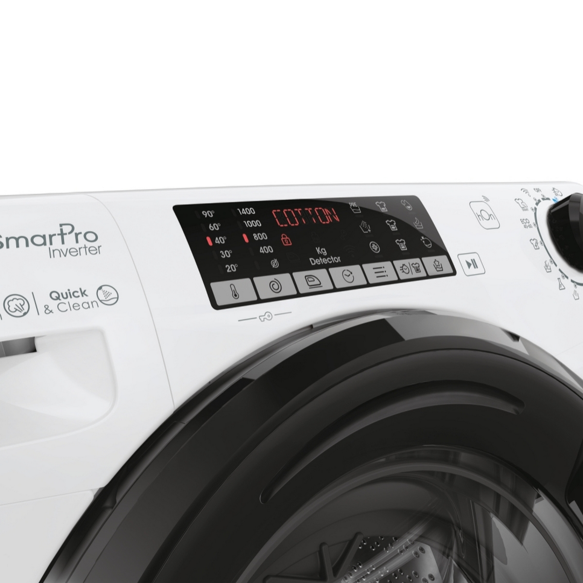 Pannello di controllo della lavatrice bianco con porta nera, che mostra impostazioni come cotone e temperature.