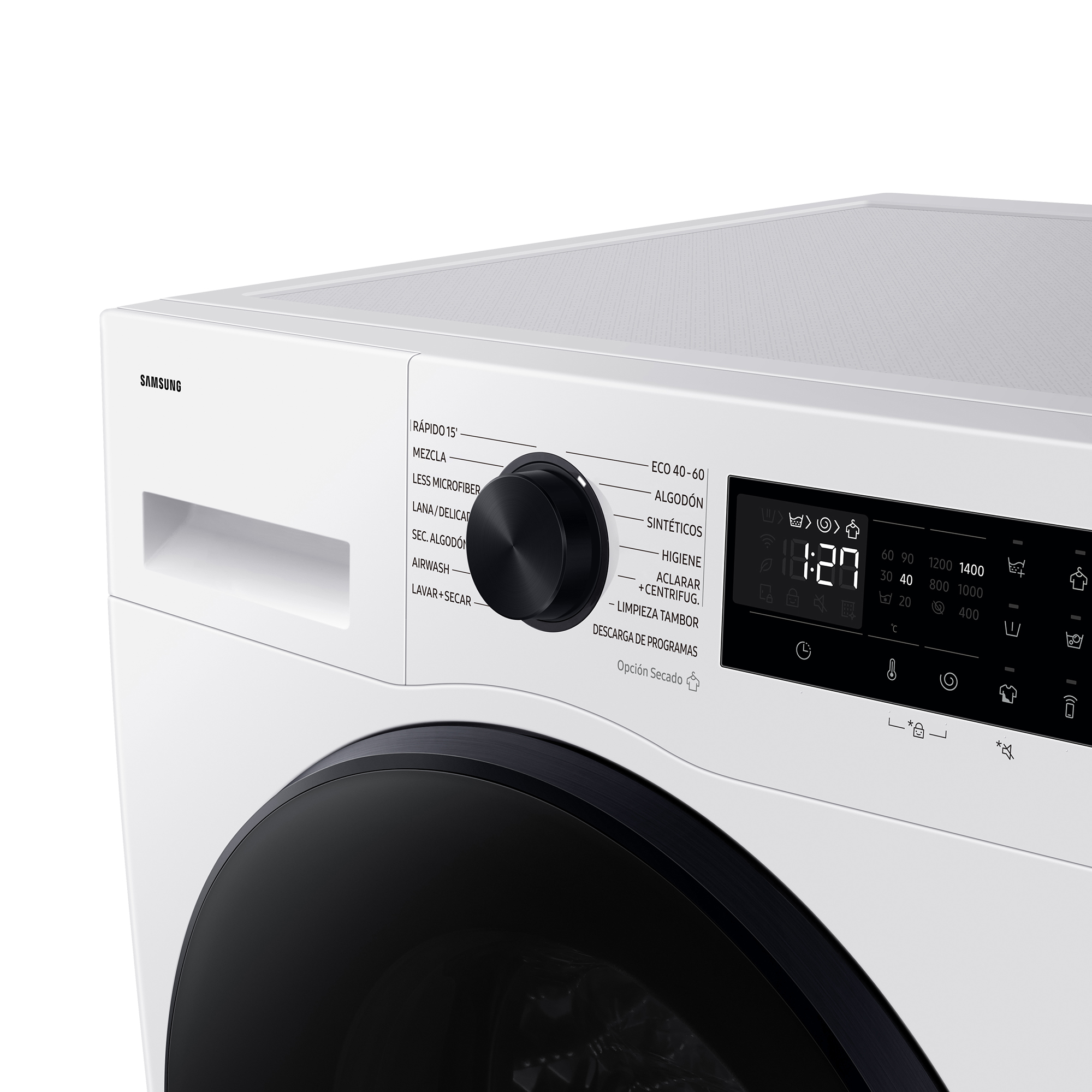 Zbliżenie na panel sterowania pralki. Pokrętło i wyświetlacz cyfrowy. Białe urządzenie.