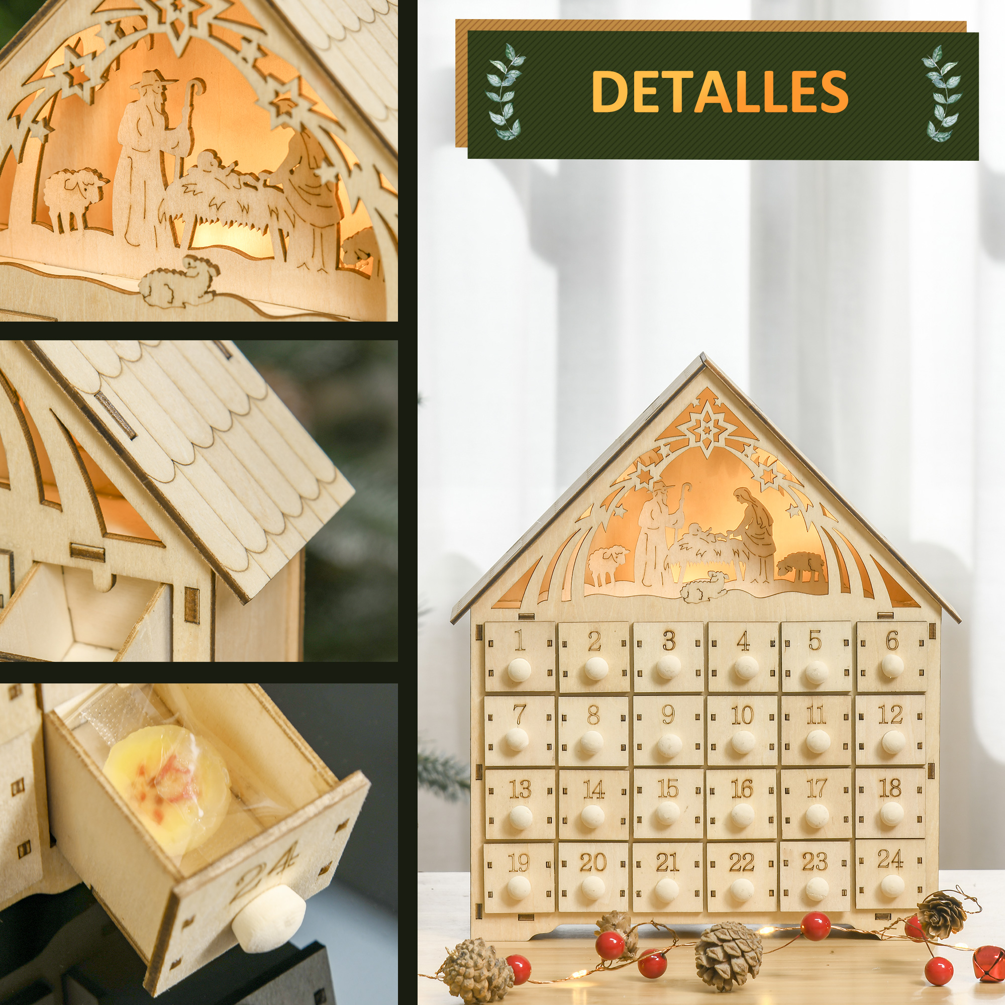 Calendario de adviento de madera con detalles. Frente con números, parte trasera con nacimiento.