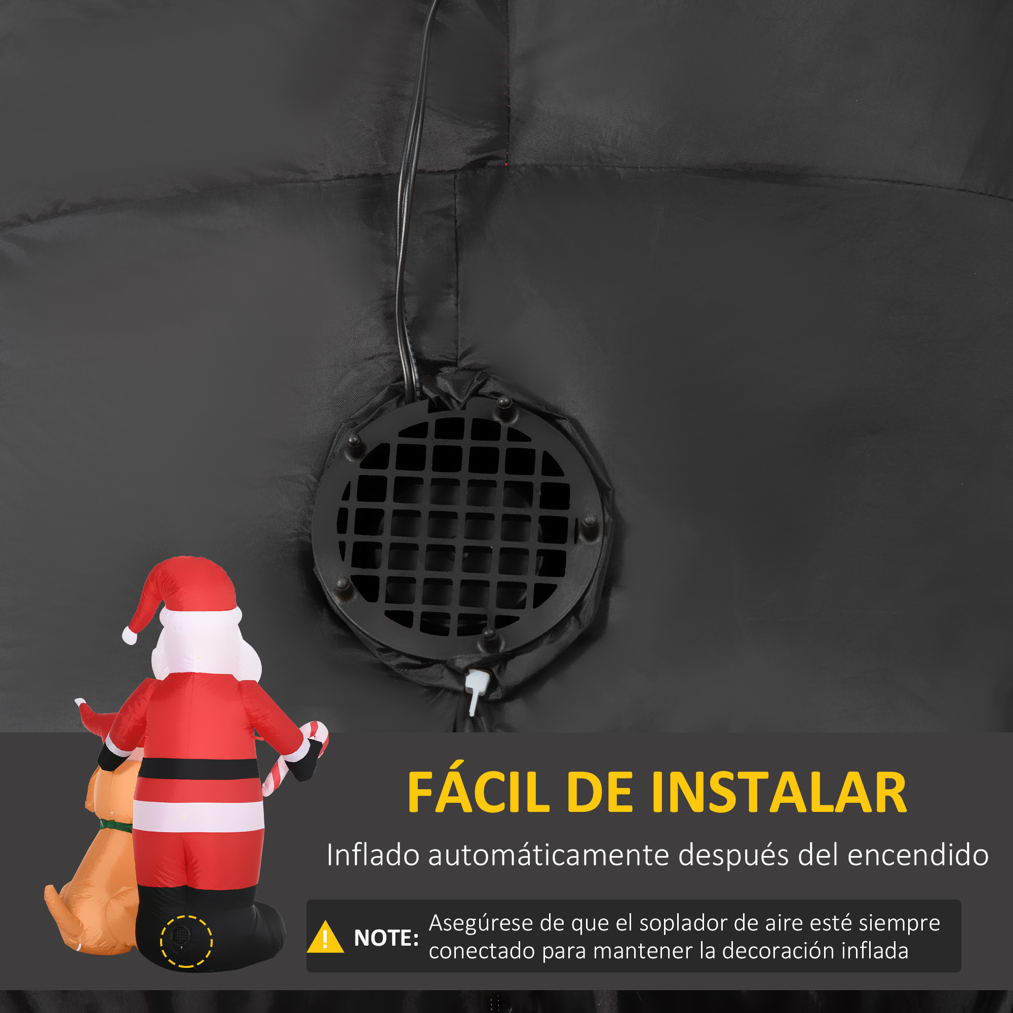 Decoración inflable de Papá Noel con ventilador y texto en español. Material negro con fondo blanco.