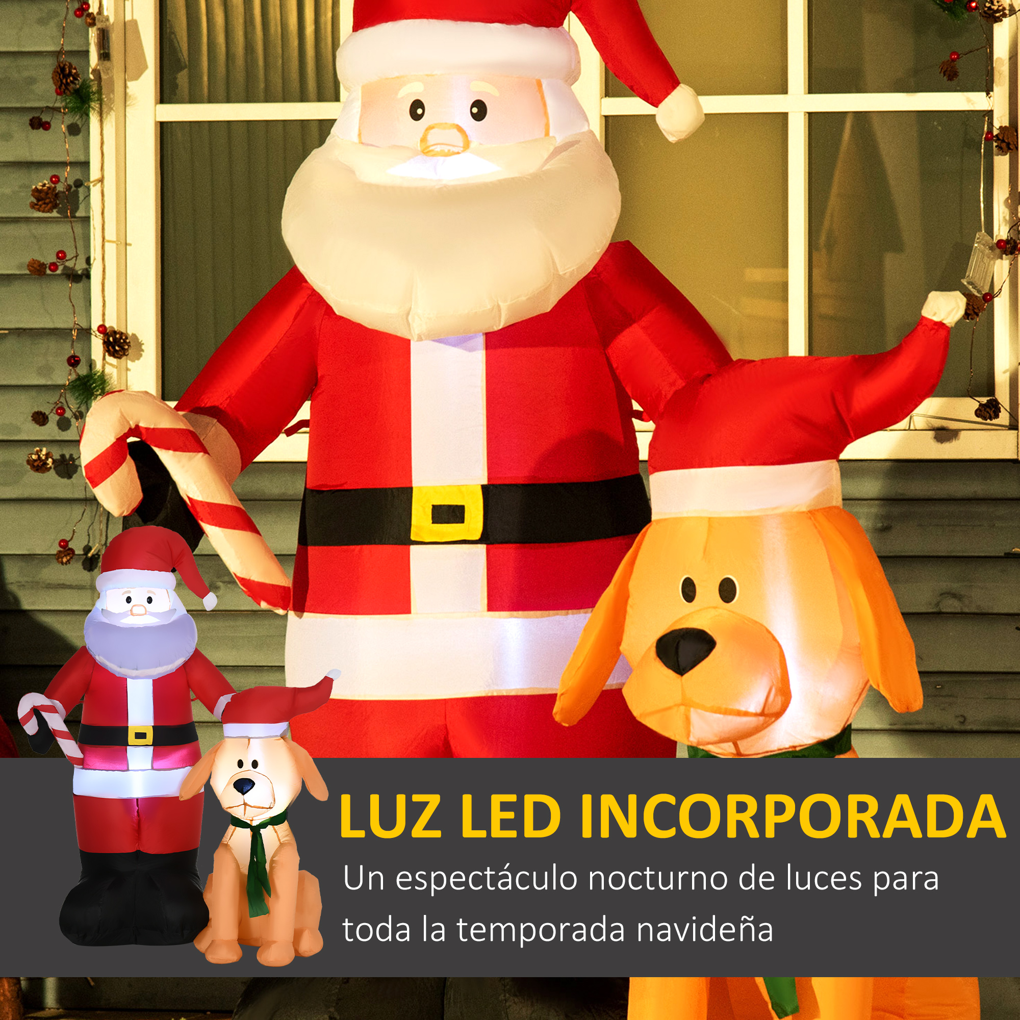 Decoraciones navideñas inflables: Papá Noel y dos perros con luces frente a una ventana.