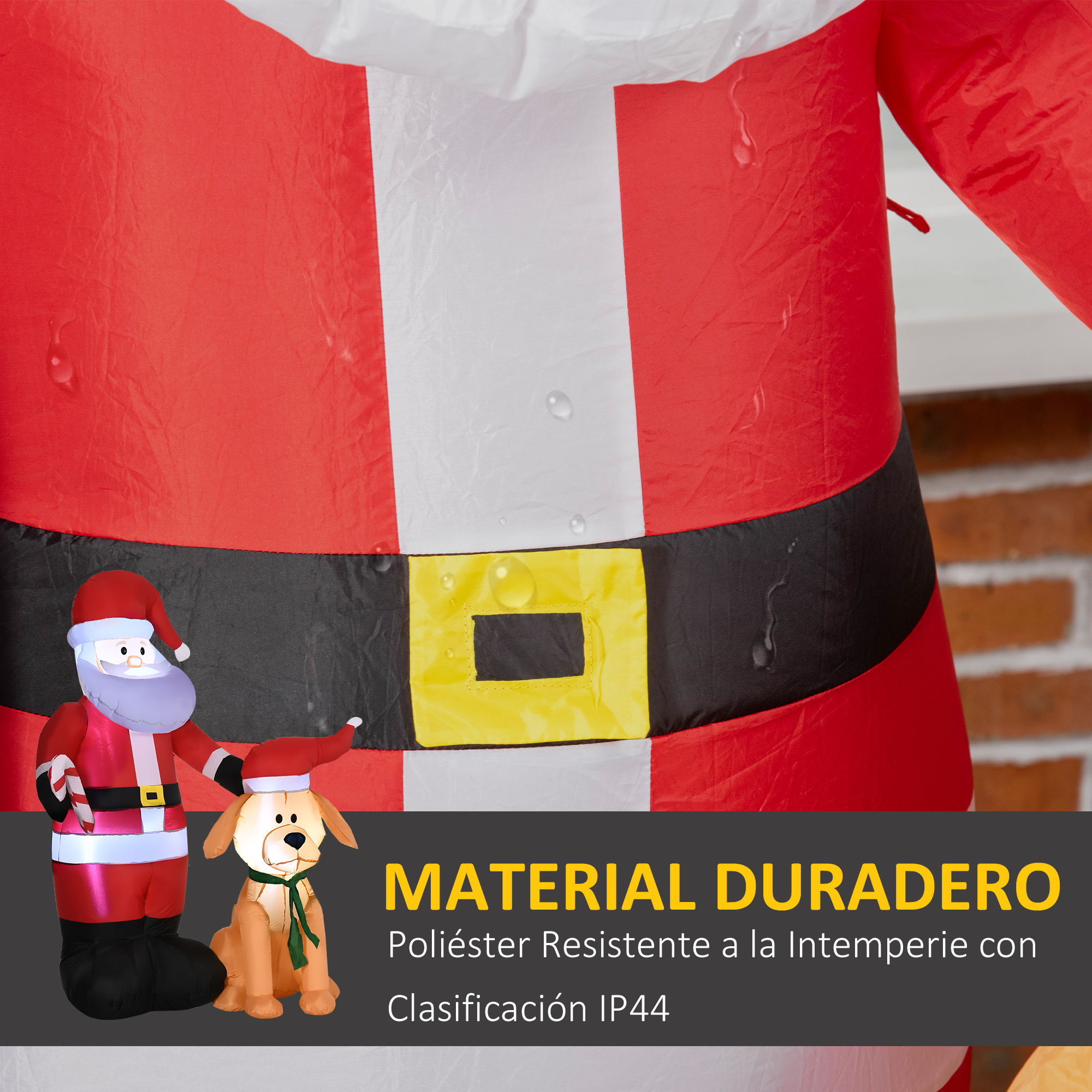 Un Papá Noel inflable con un perro, texto: 'Material duradero' y 'Clasificación IP44'.