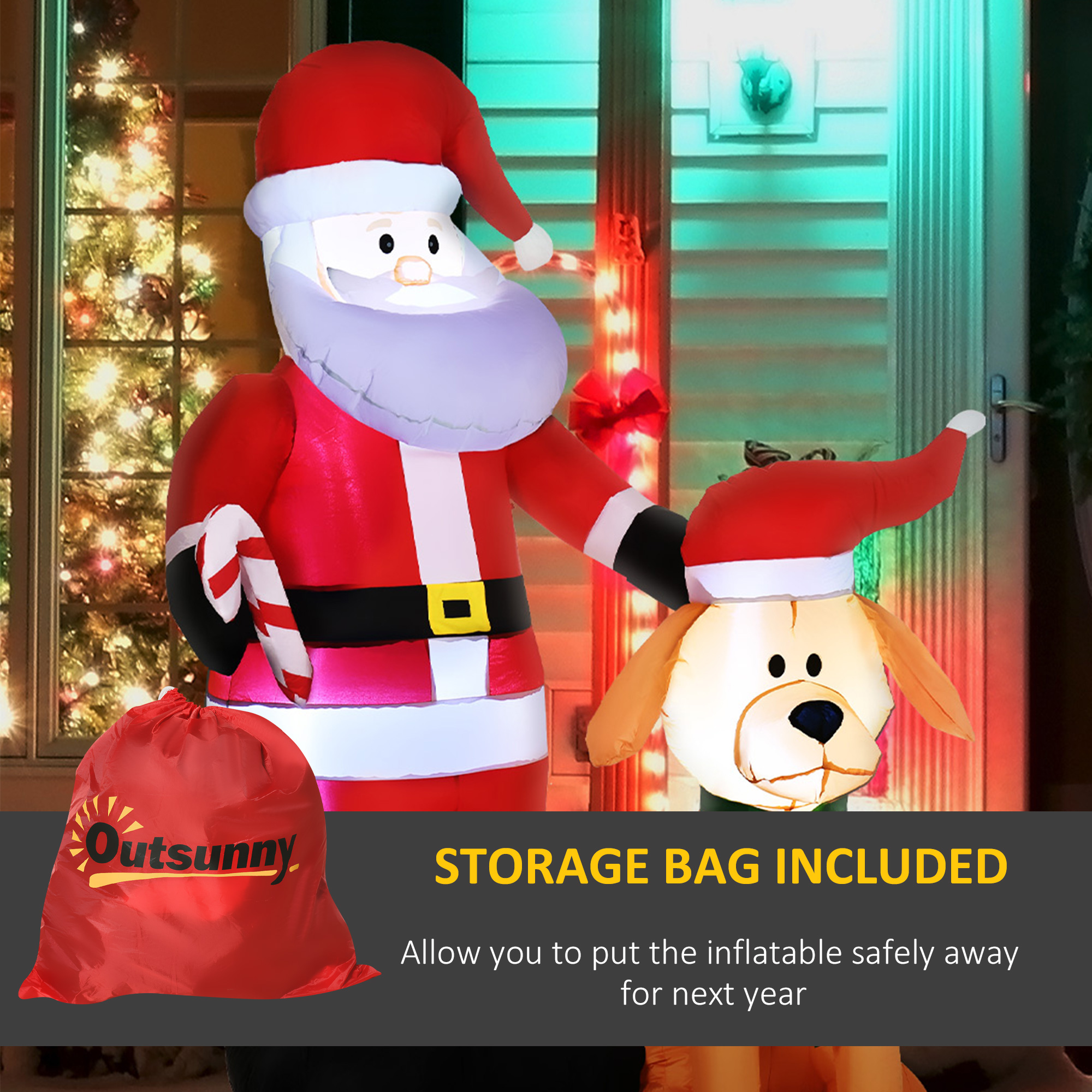 Papá Noel y perro inflables, con una bolsa de almacenamiento roja y texto.