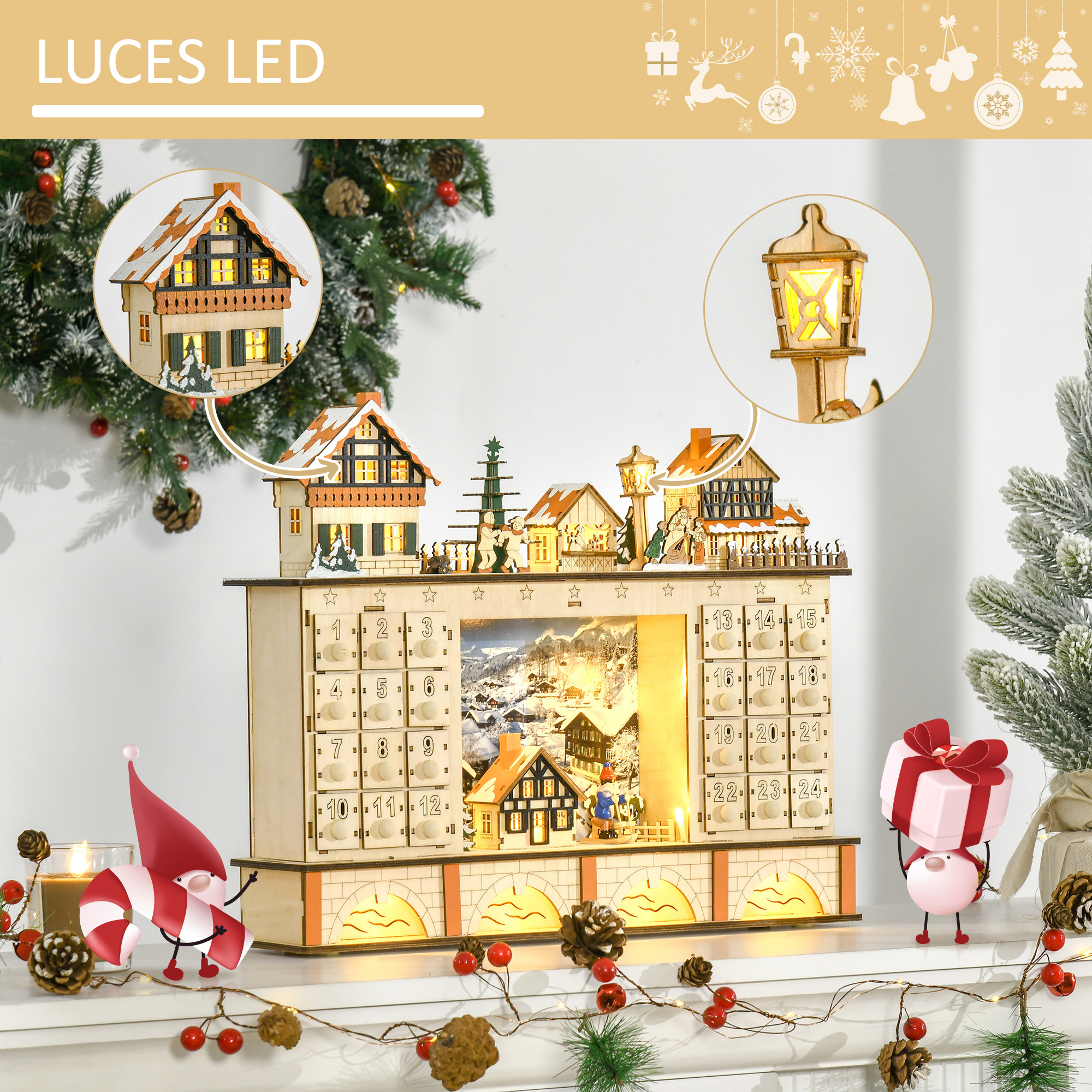 Calendario de adviento navideño con luces, adornos y escena nevada.