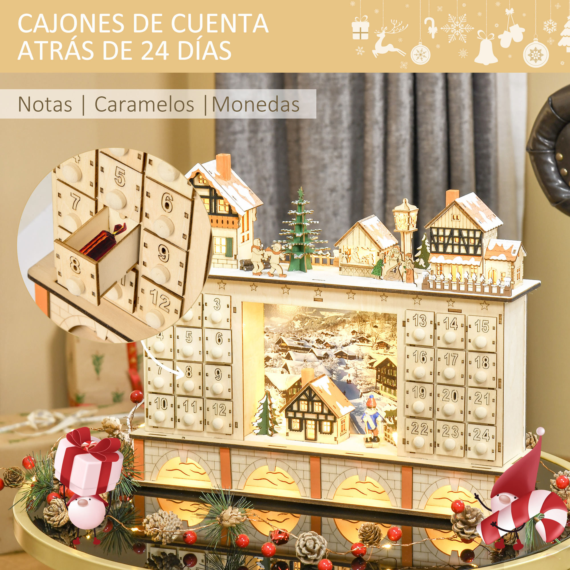 Calendario de adviento de madera con cajones, casas, luces y decoraciones.
