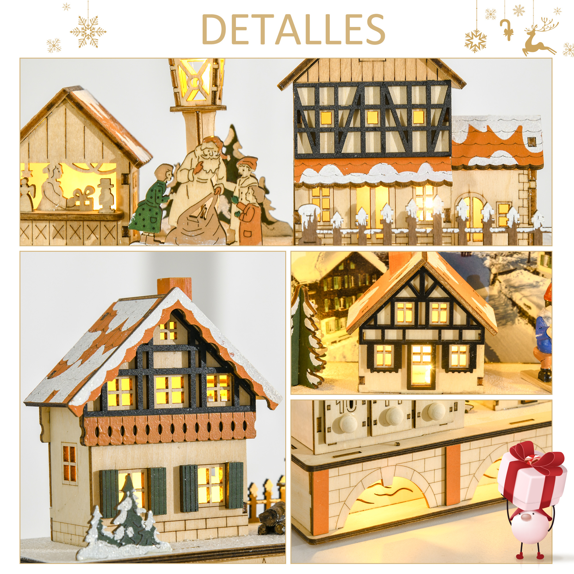 Detalles del pueblo navideño, con decoraciones, luces y casas. Escena festiva.