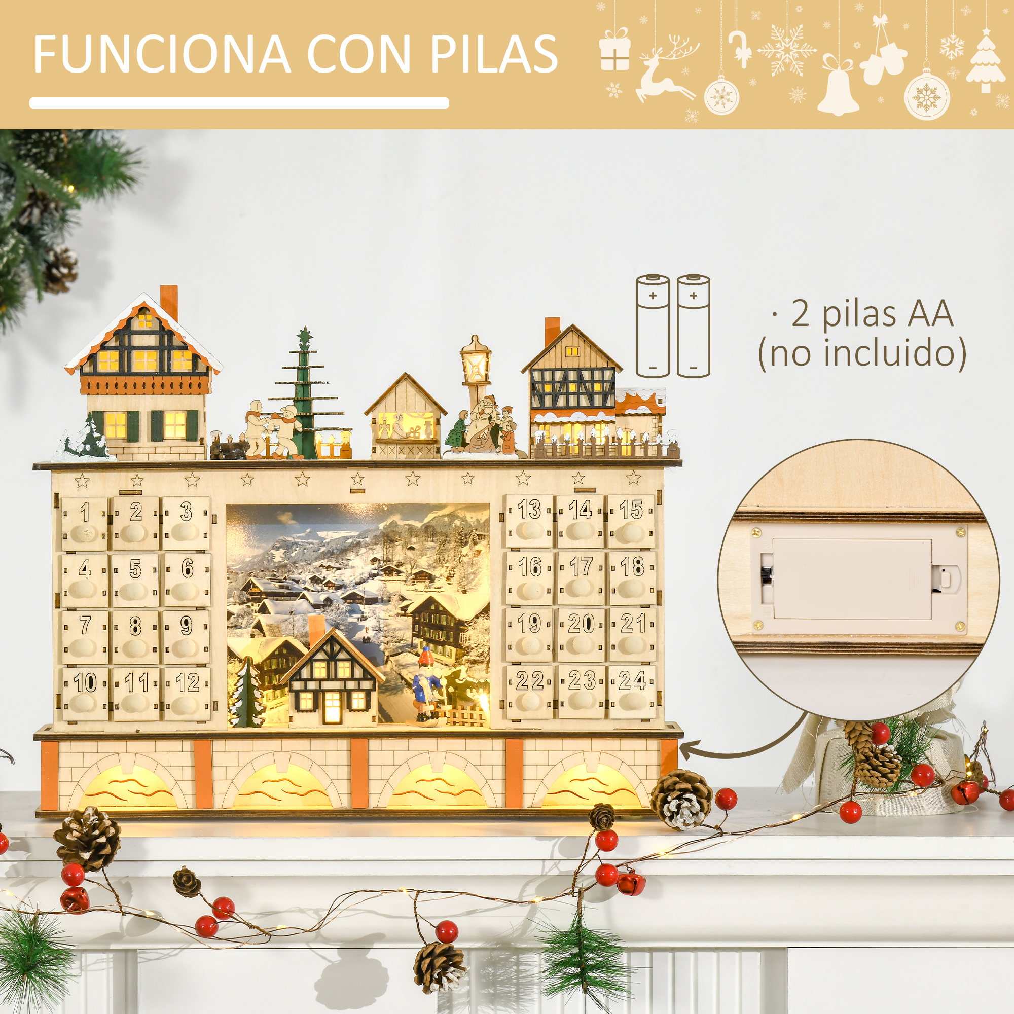 Un calendario de adviento navideño con una escena de nieve. Tiene 24 puertas. Muestra casas y un paisaje invernal.