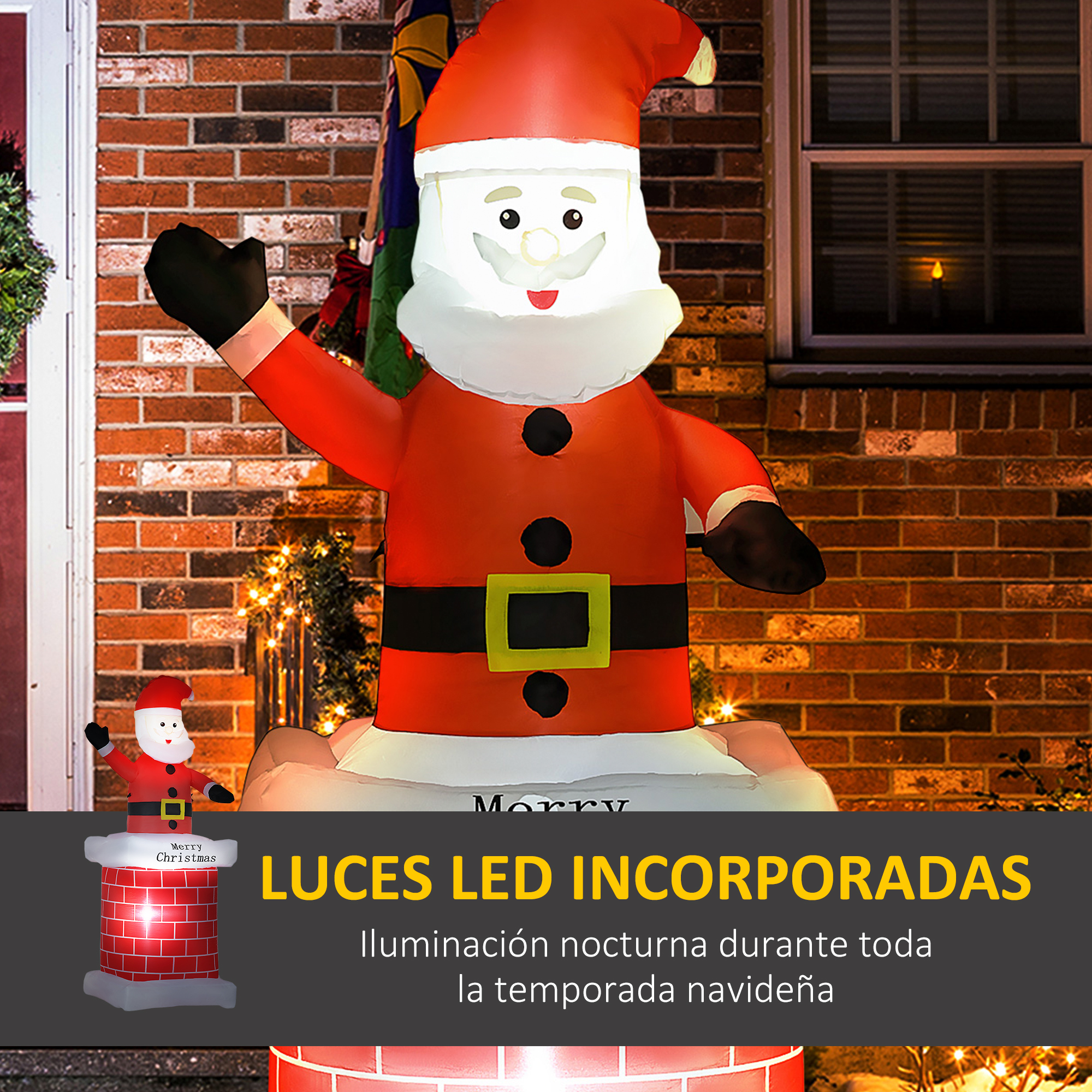 Una figura inflable de Papá Noel en un césped con luces. Hay una chimenea con un Papá Noel más pequeño.