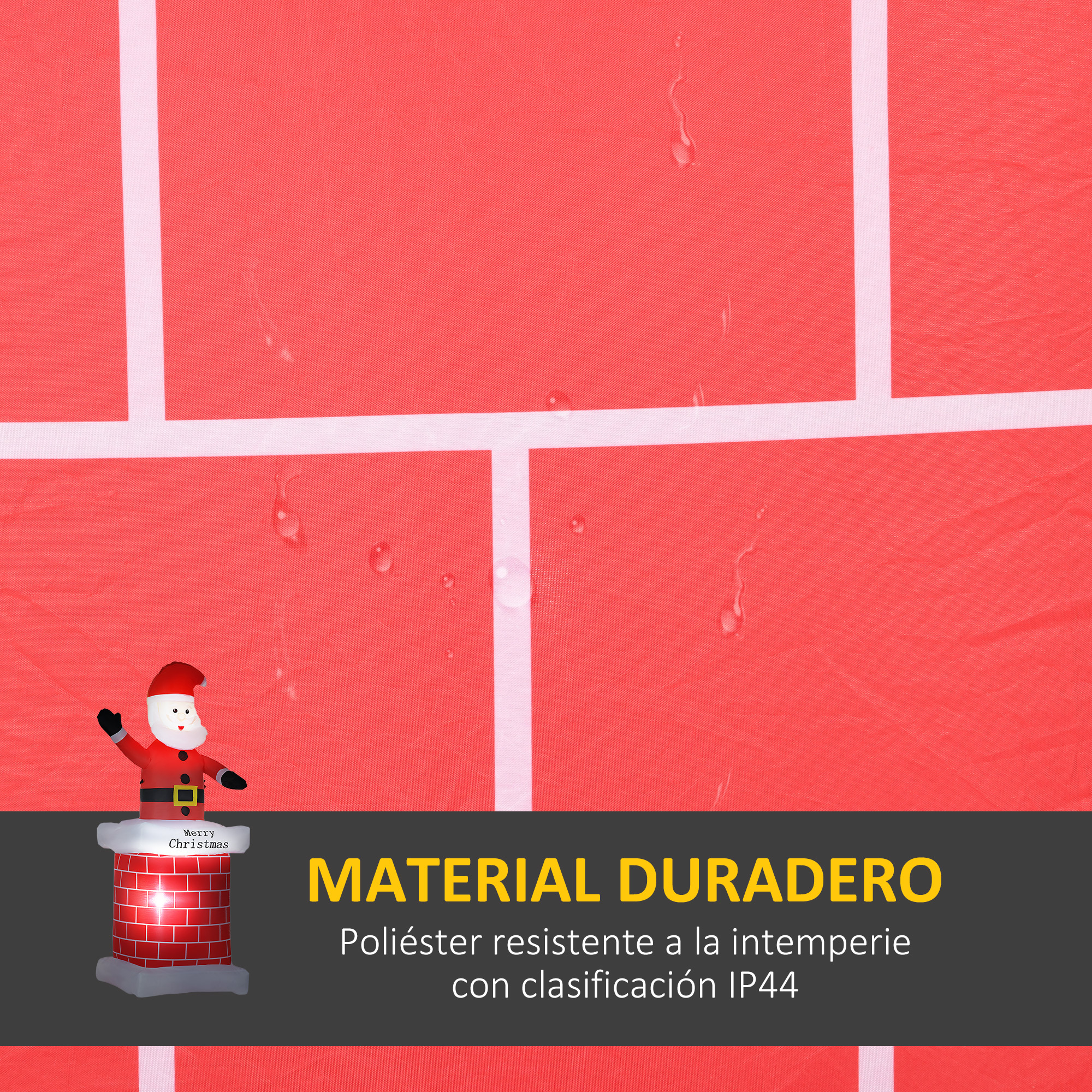 Una pared de ladrillo rojo con una decoración de Papá Noel y texto en español: material duradero.