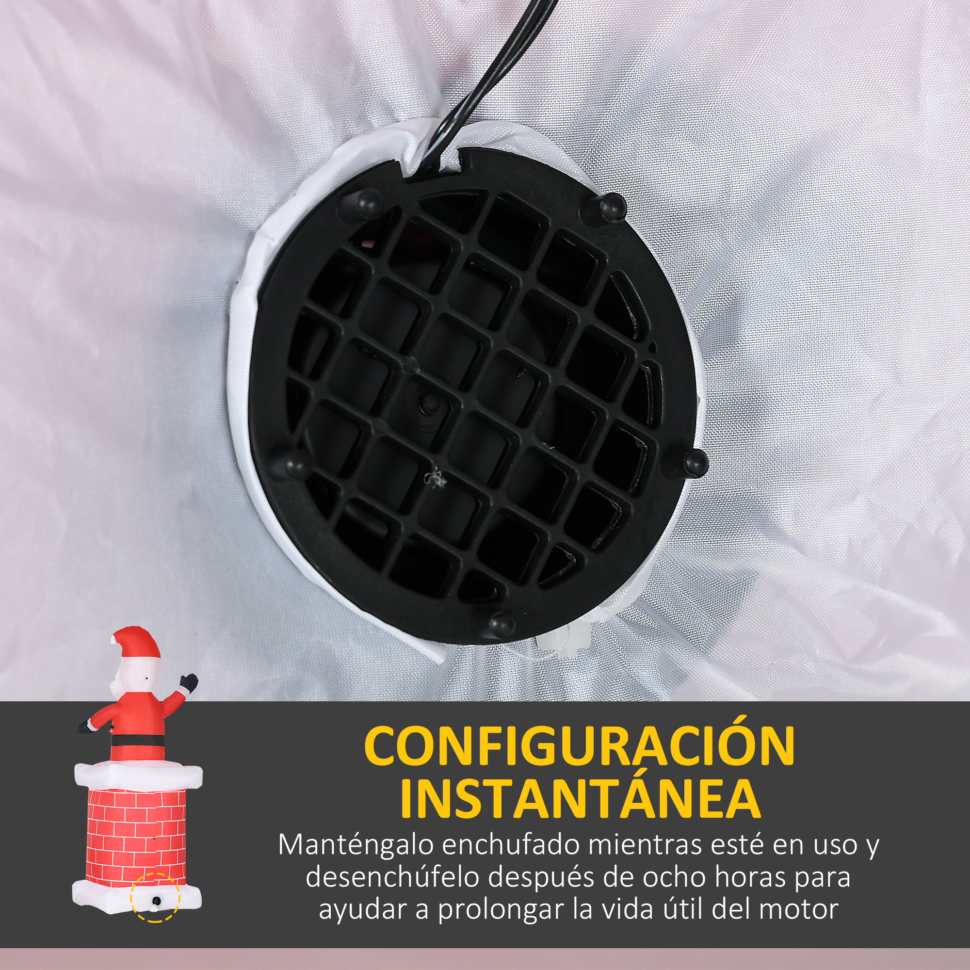 Ventilador negro, Santa con chimenea, rojo y blanco. Texto: Configuración instantánea.