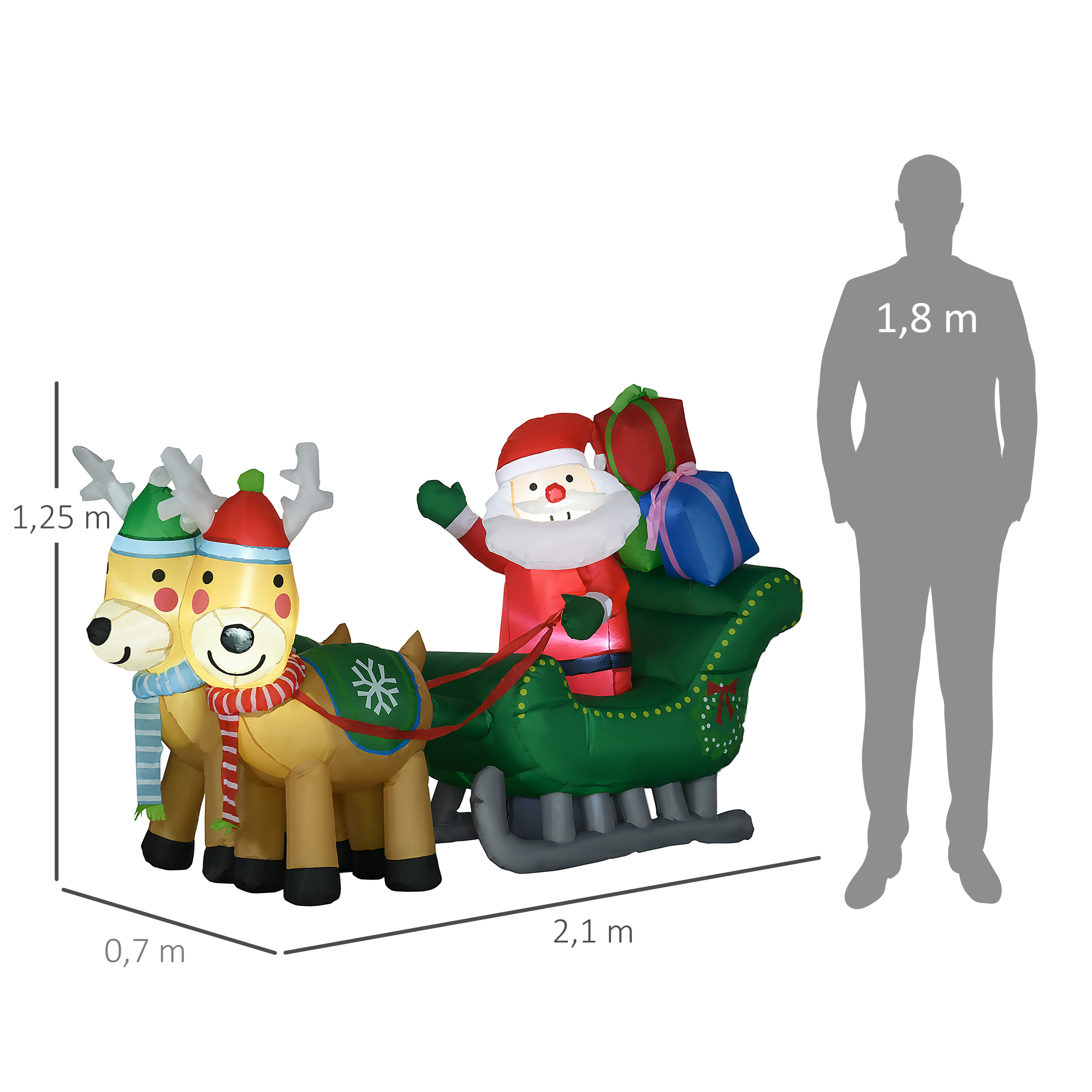 Un trineo inflable de Papá Noel con renos, con dimensiones y una silueta de persona.