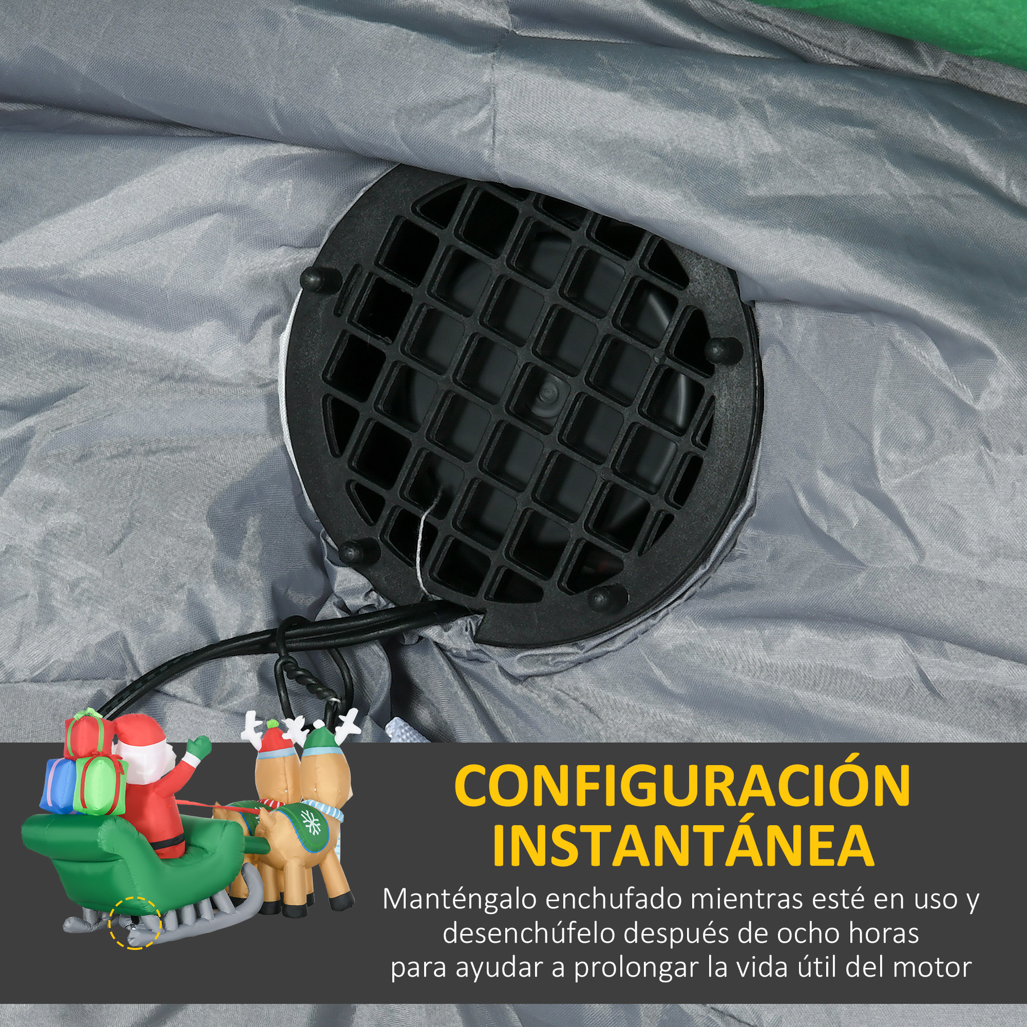 Una decoración de Papá Noel y trineo de renos con un ventilador. Texto: Configuración instantánea. Desconectar tras 8 horas.