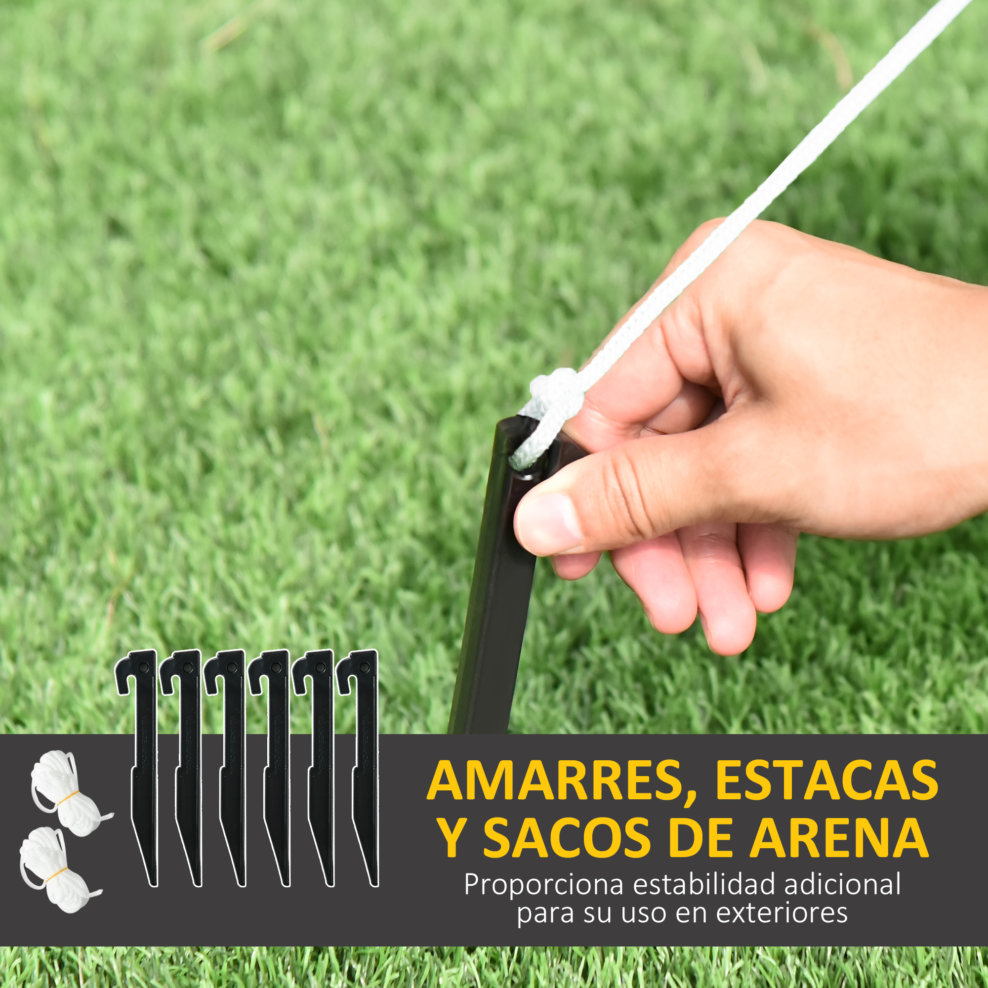 Estacas negras, cuerda blanca y texto sobre anclajes de suelo. Fondo verde.