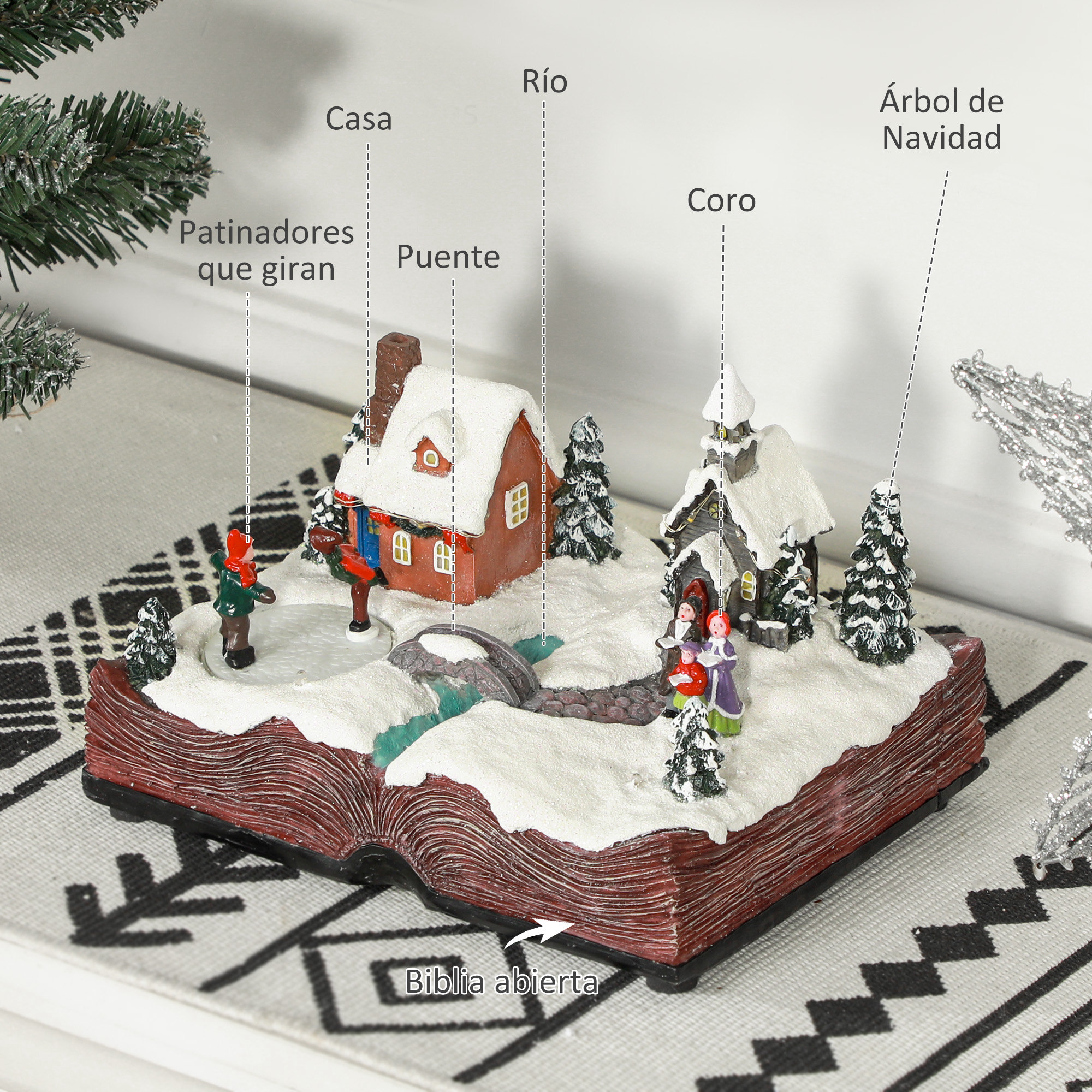 Escena navideña en miniatura: casa, iglesia, puente, patinadores y árbol de Navidad en libro abierto.