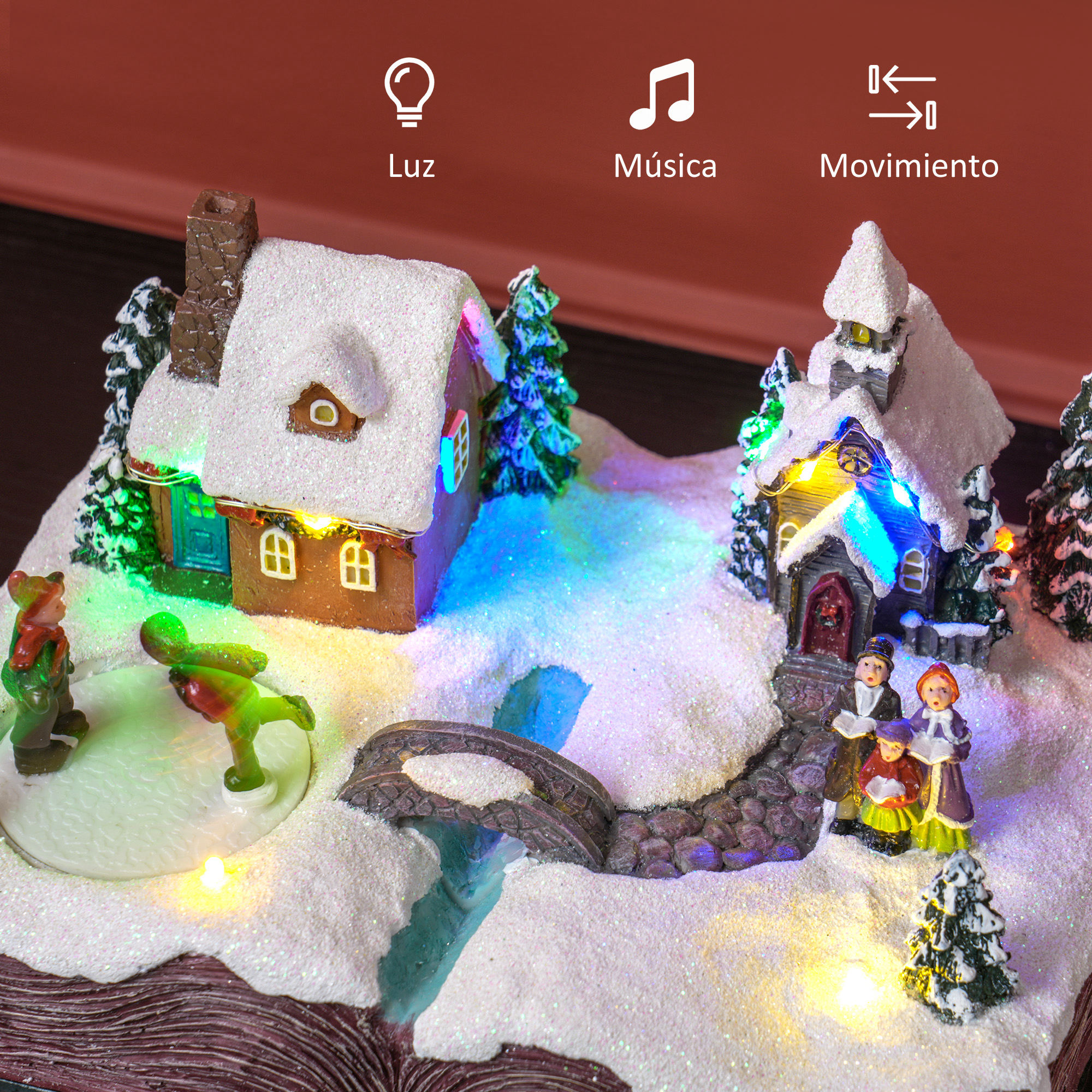 Una escena de pueblo navideño con casas, luces, patinadores y un puente, con iconos arriba.