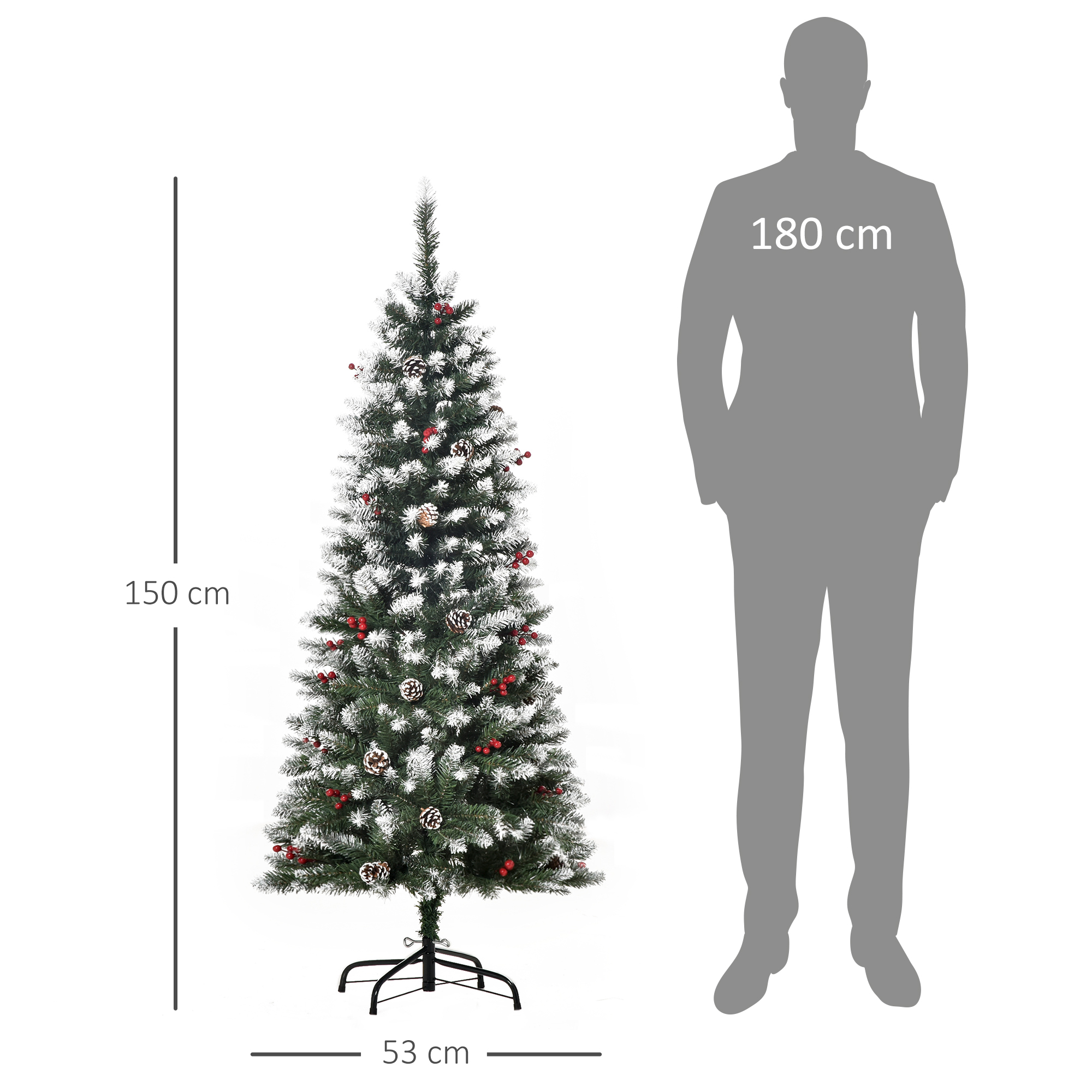 Un árbol de Navidad alto y delgado con ramas cubiertas de nieve, bayas rojas y piñas junto a una silueta de hombre.