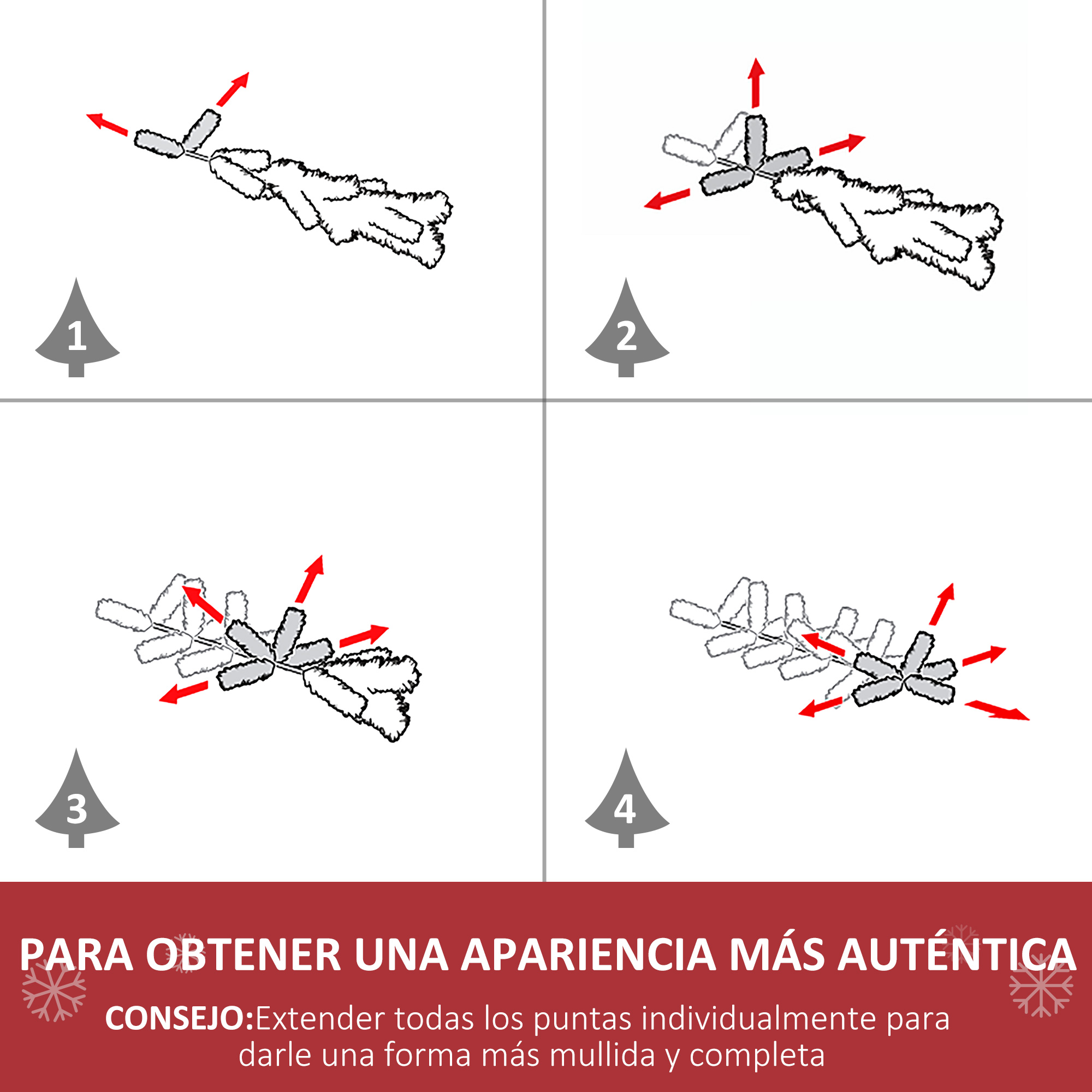 Diagrama que muestra cómo extender las ramas paso a paso para un árbol de Navidad.
