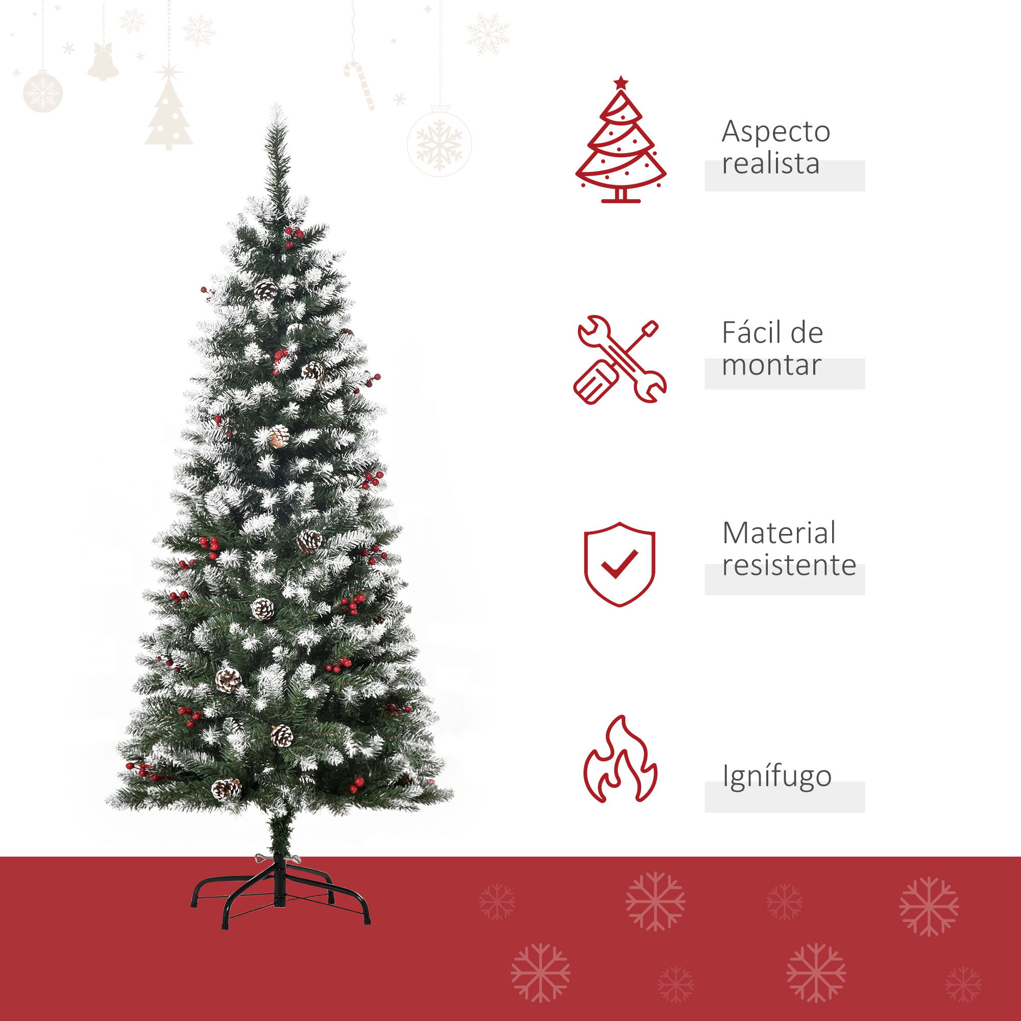 Un árbol de Navidad verde con nieve, bayas rojas y piñas, decorado con iconos sobre él.