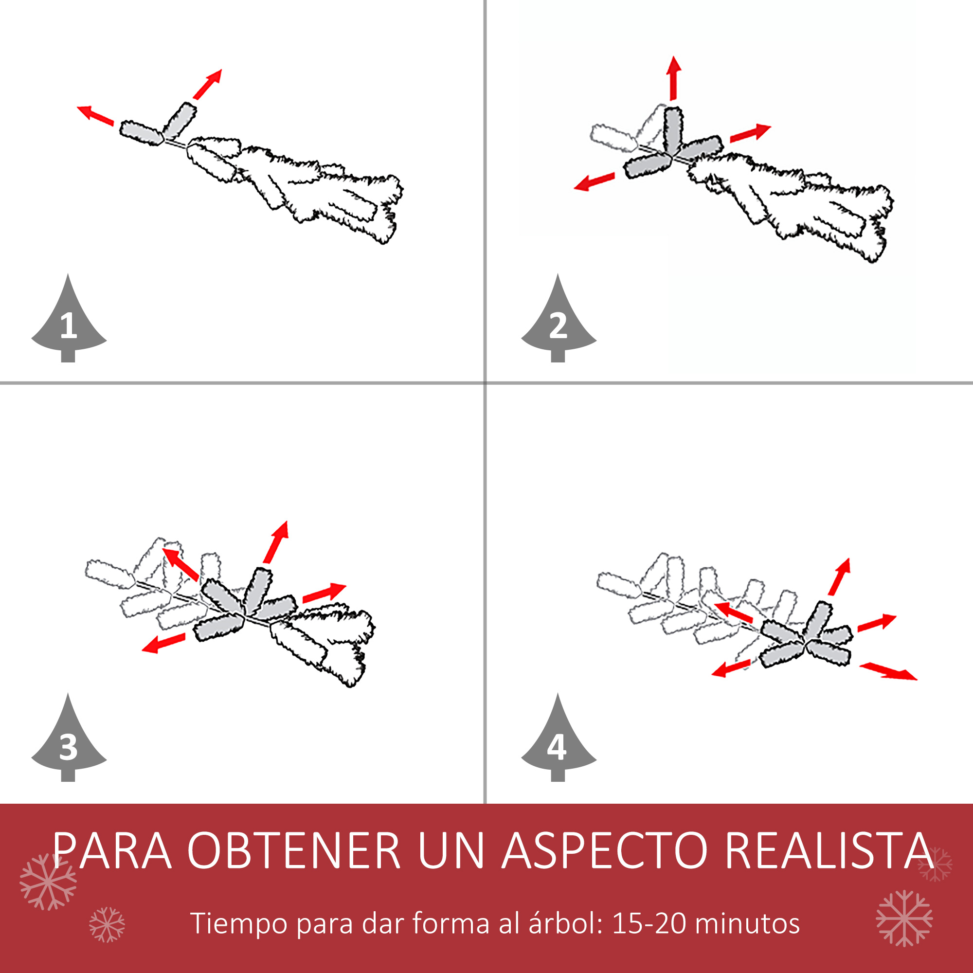 Instrucciones para ensamblar un árbol de Navidad. Muestra cómo desplegar las ramas para obtener un aspecto realista.