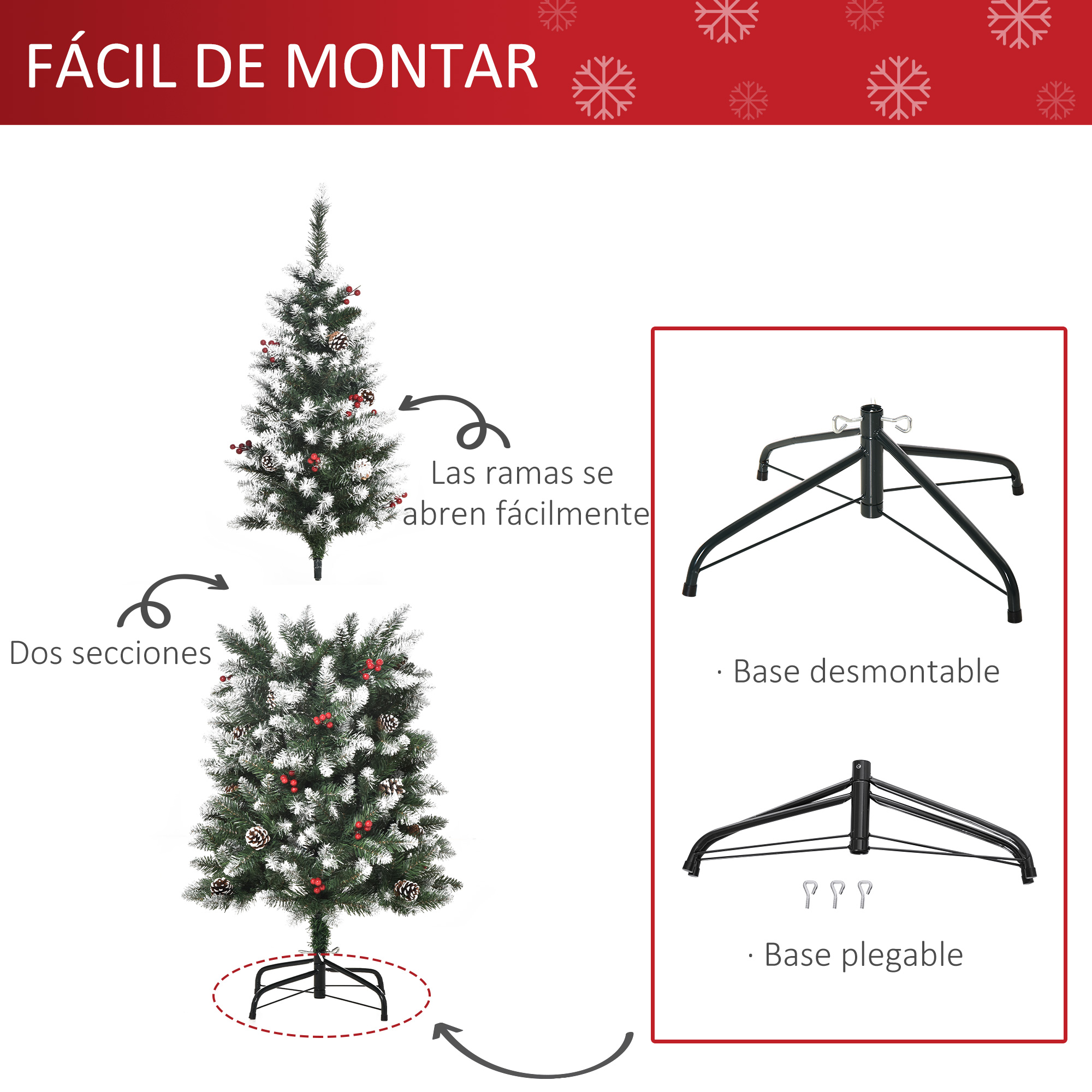 Una imagen que muestra un árbol de Navidad con piezas fáciles de montar, con texto en español sobre el montaje.
