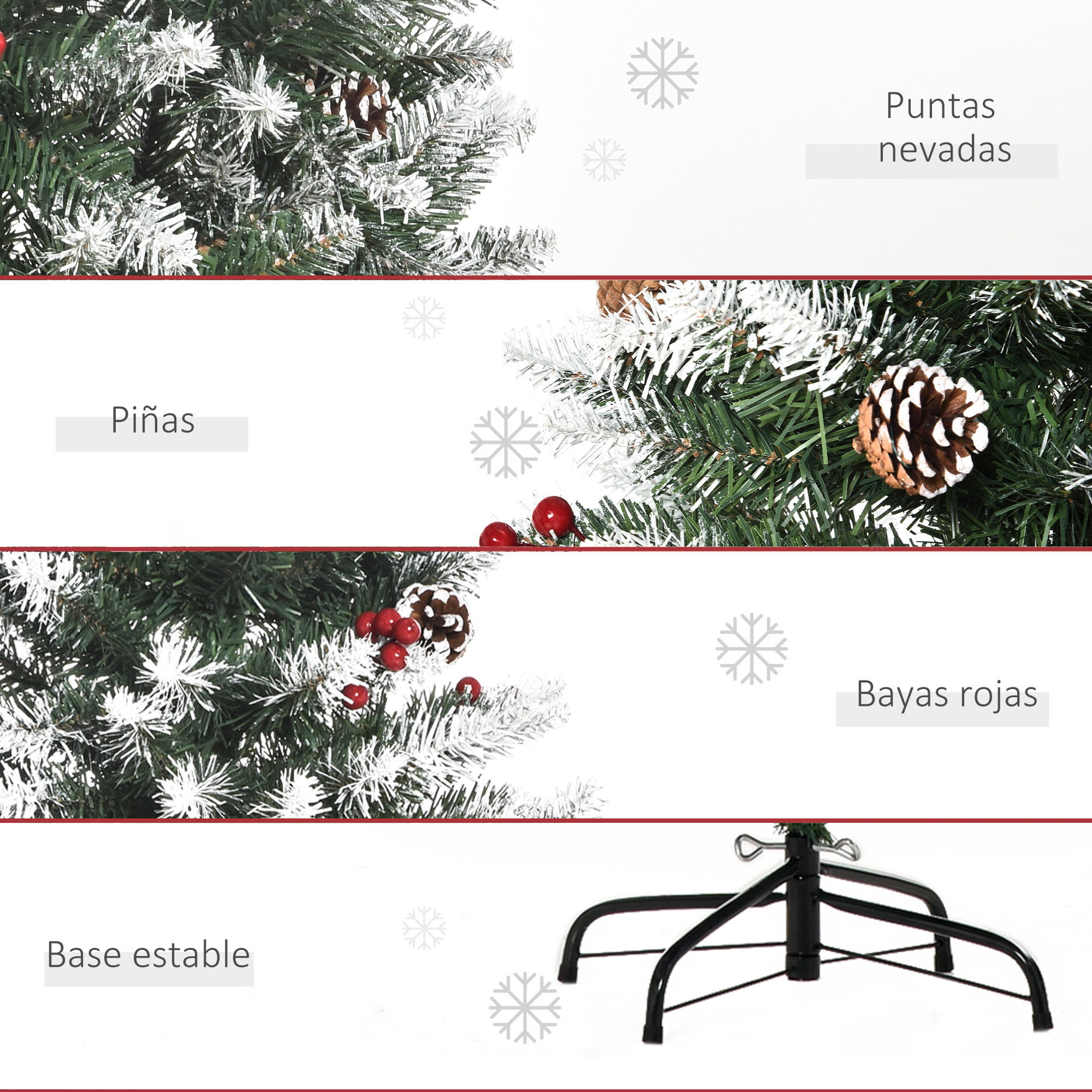 Detalles del árbol de Navidad nevado: piñas, bayas rojas, base estable. Fondo blanco.
