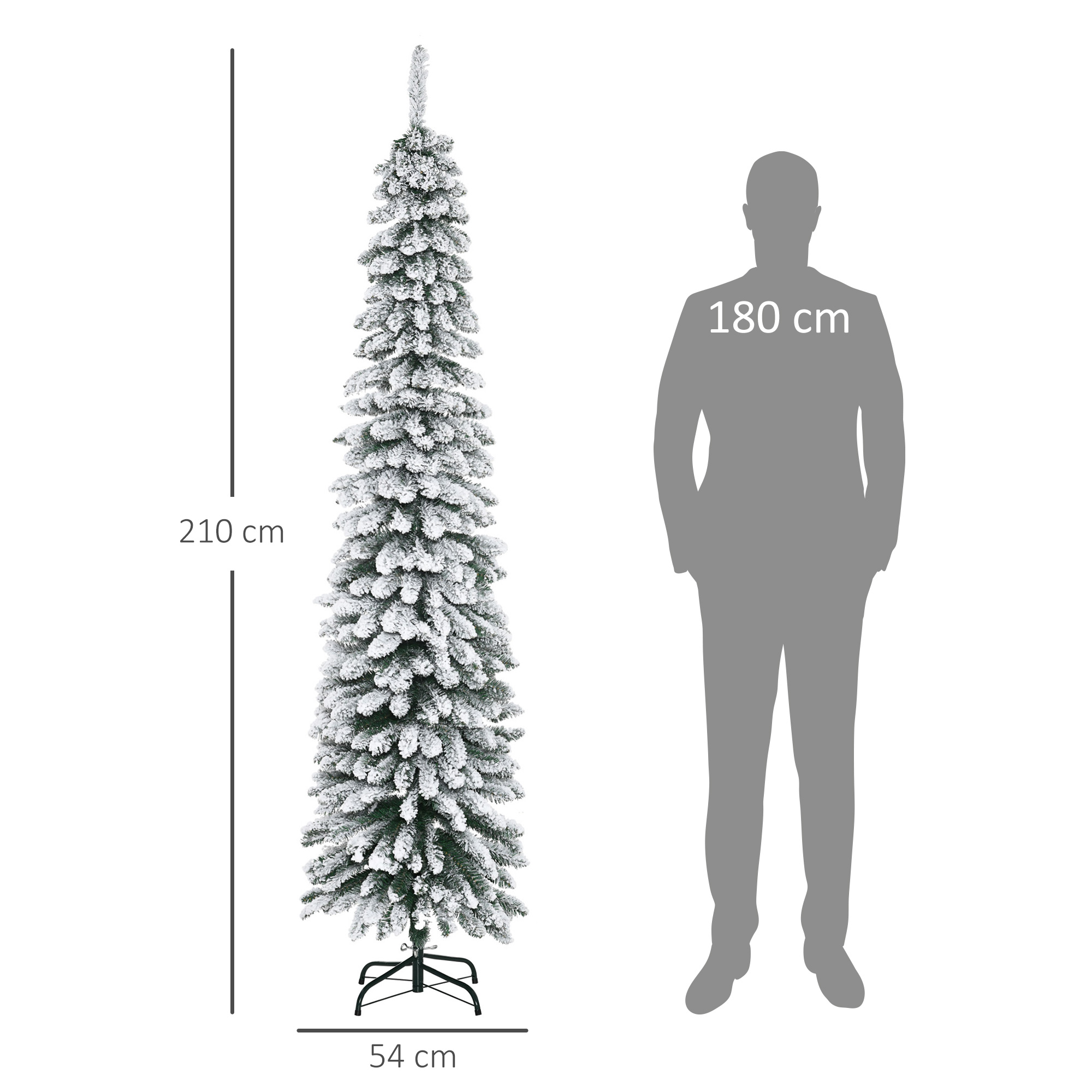 Árbol de Navidad alto y estrecho cubierto de nieve, junto a una persona.