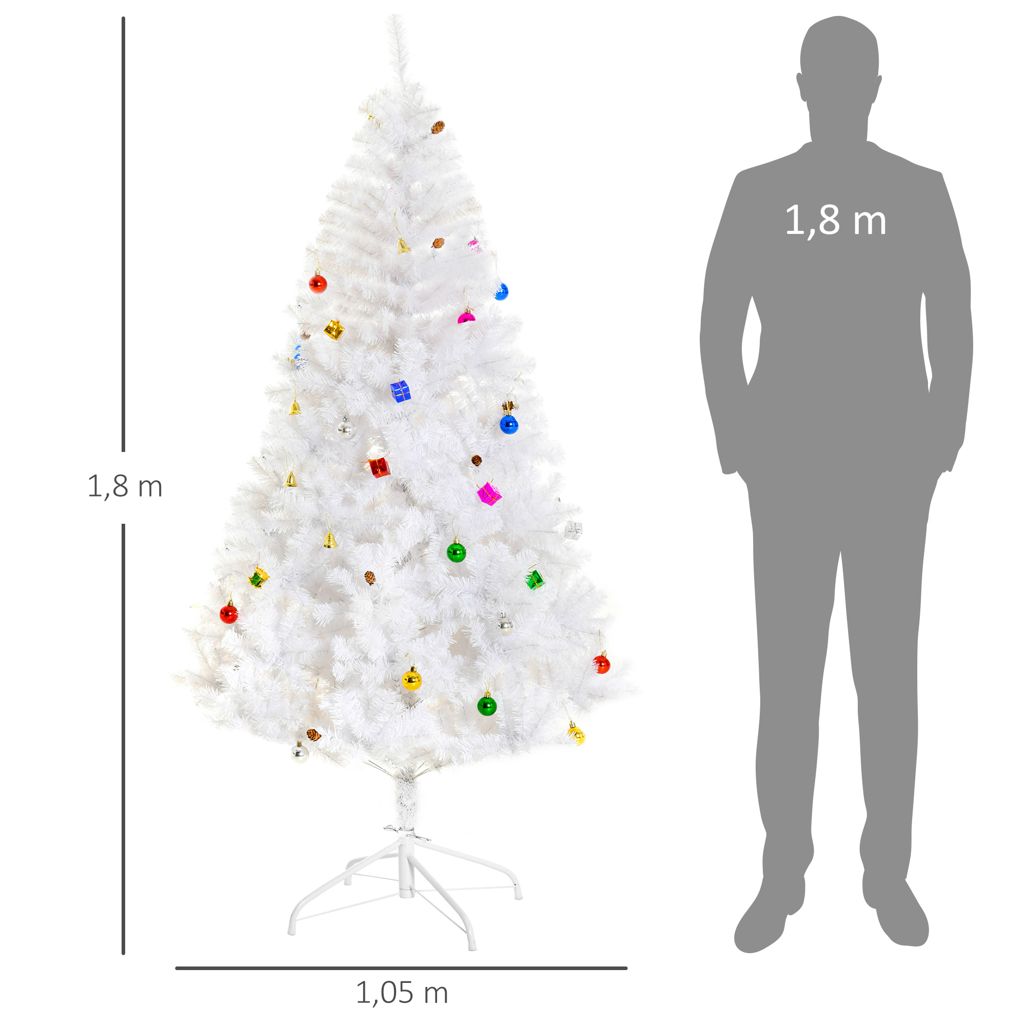 Árbol de Navidad blanco con adornos. Una silueta muestra su altura.