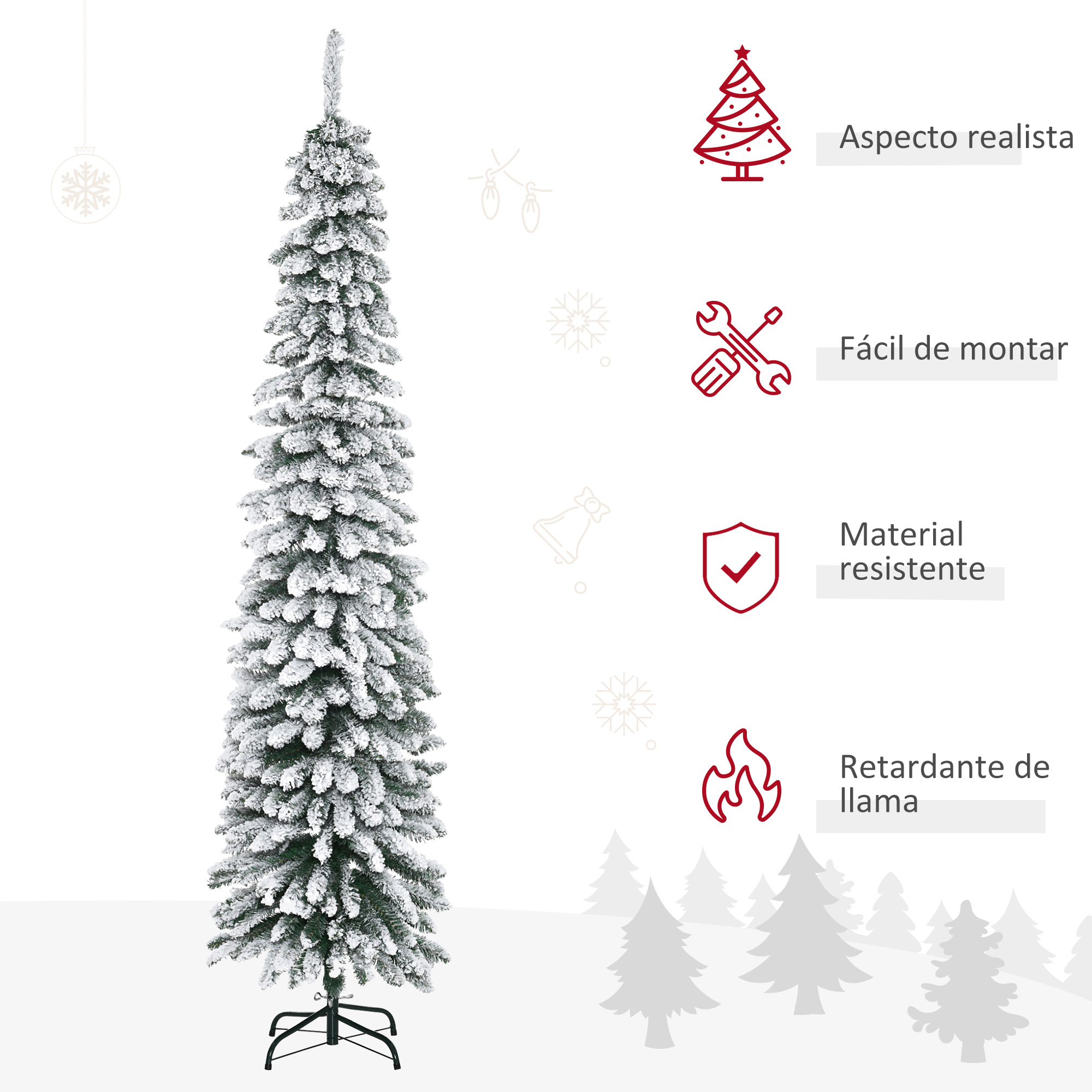 Un árbol de Navidad alto y delgado con ramas cubiertas de nieve y un soporte negro. Iconos de información alrededor.