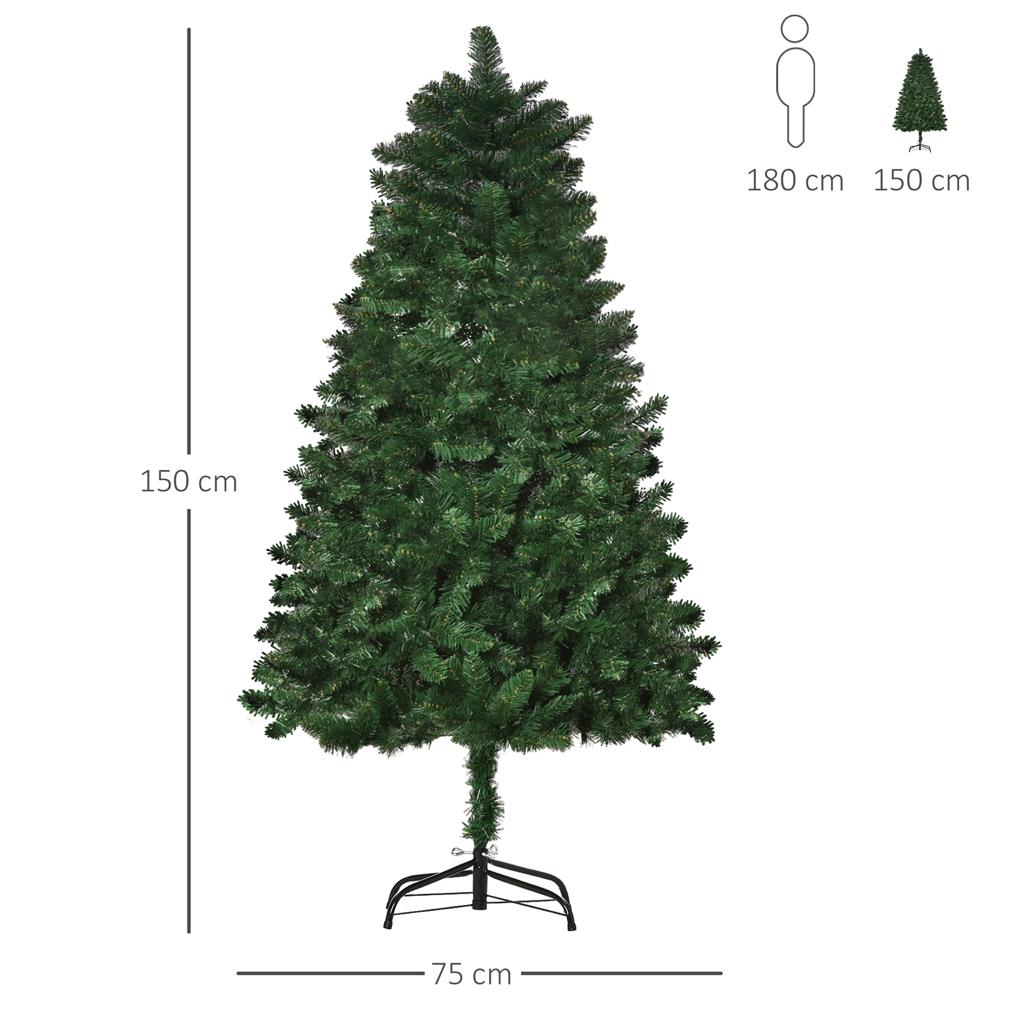 Un árbol de Navidad verde con dimensiones y comparación de tamaño humano.
