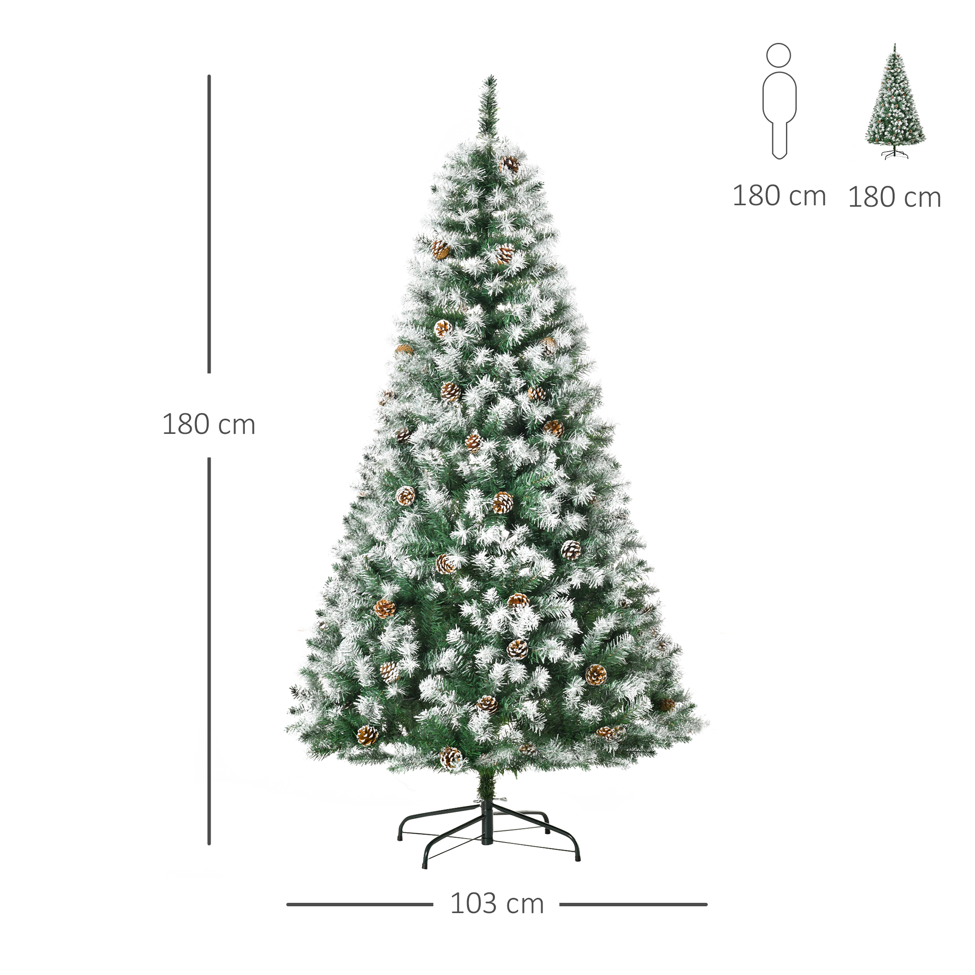 Árbol de Navidad grande y completo con nieve y piñas. Dimensiones: 180 cm alto, 103 cm base.