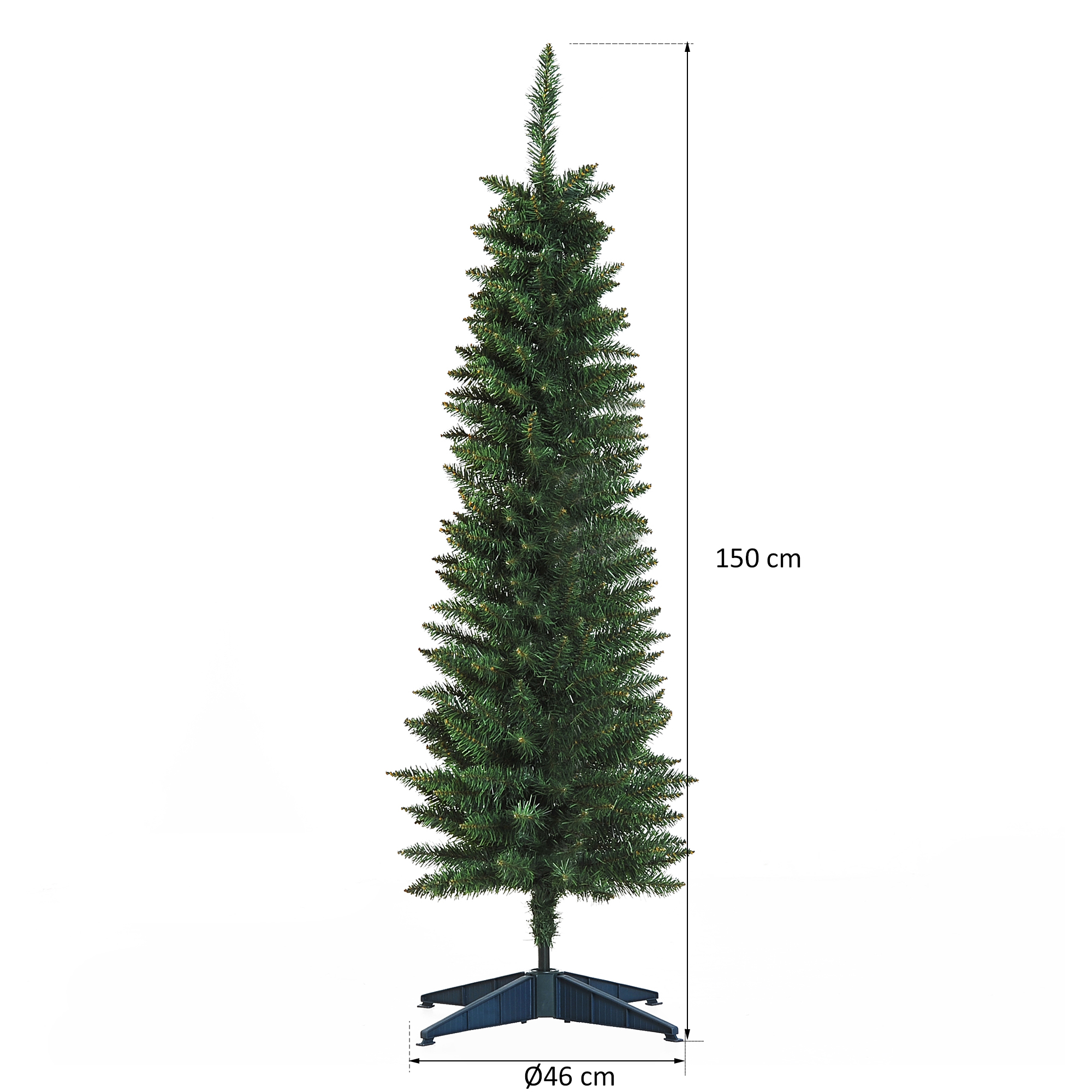 Un árbol de Navidad artificial alto y delgado sobre un fondo blanco. Es verde, con base negra.