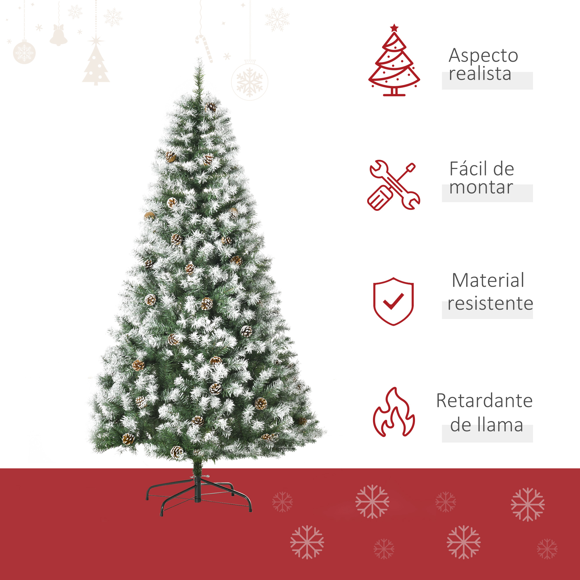 Árbol de Navidad artificial blanco con piñas. Iconos indican características: realista, fácil de montar, ignífugo.