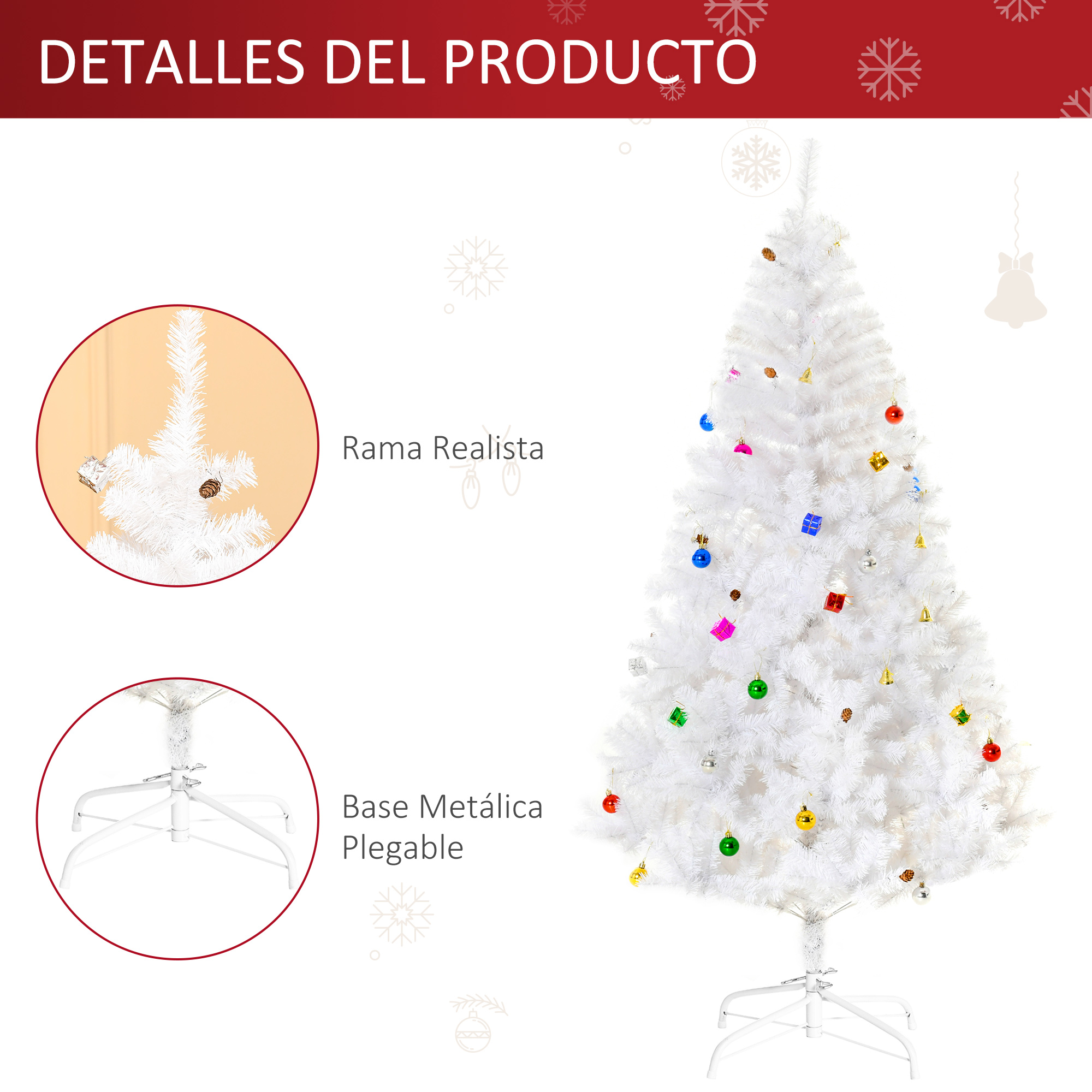 Detalles de un árbol de Navidad blanco, las ramas y su base metálica plegable.