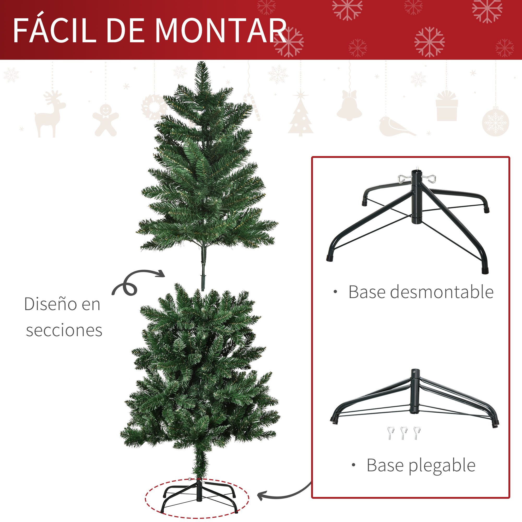 Un árbol de Navidad en secciones, con una base desmontable y plegable.