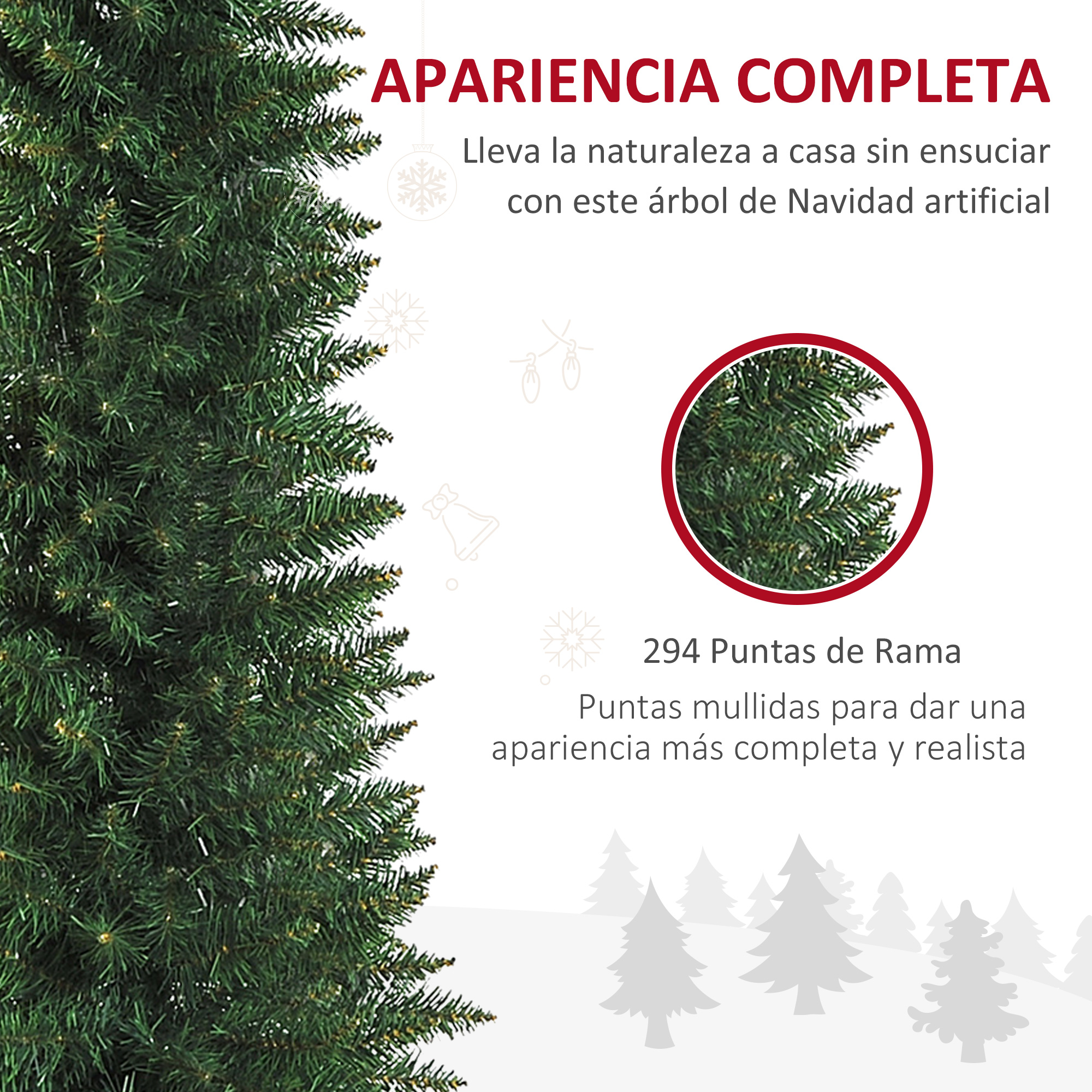 Árbol de Navidad artificial con apariencia completa. Primer plano muestra detalles de las ramas, con 294 puntas.