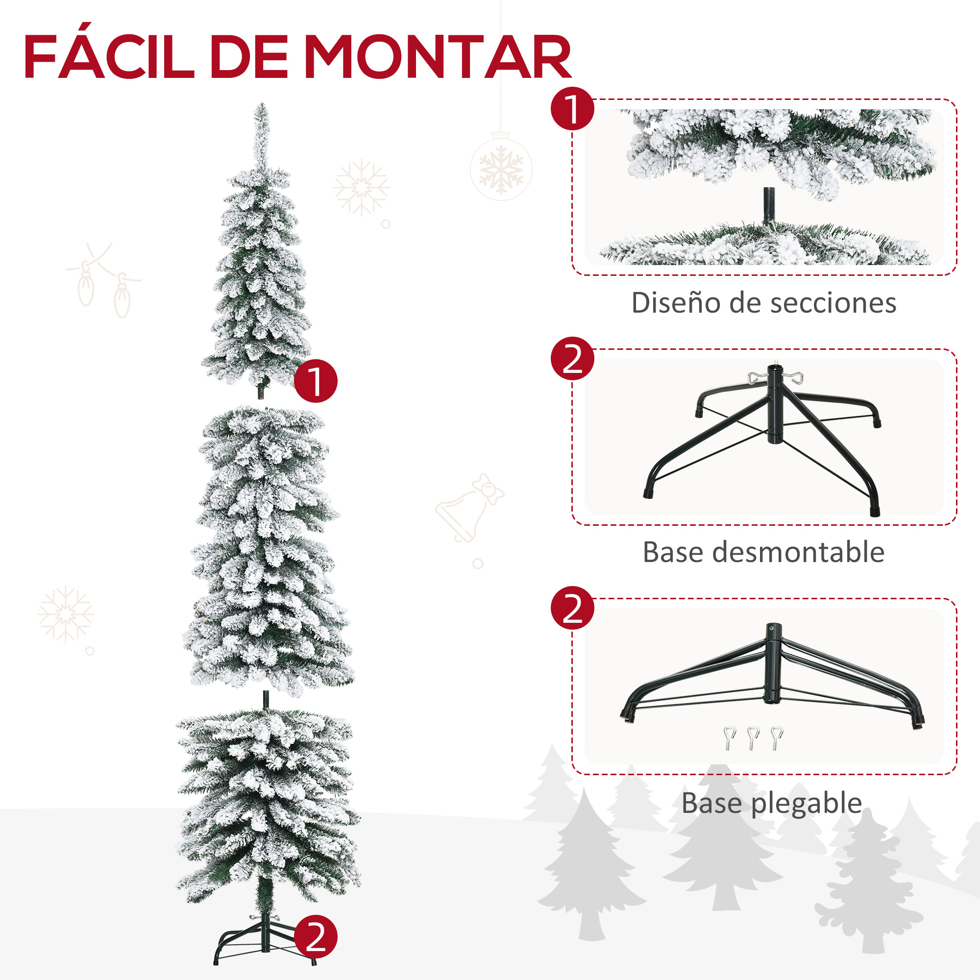 Diagrama de montaje de un árbol de Navidad nevado. Secciones y base.