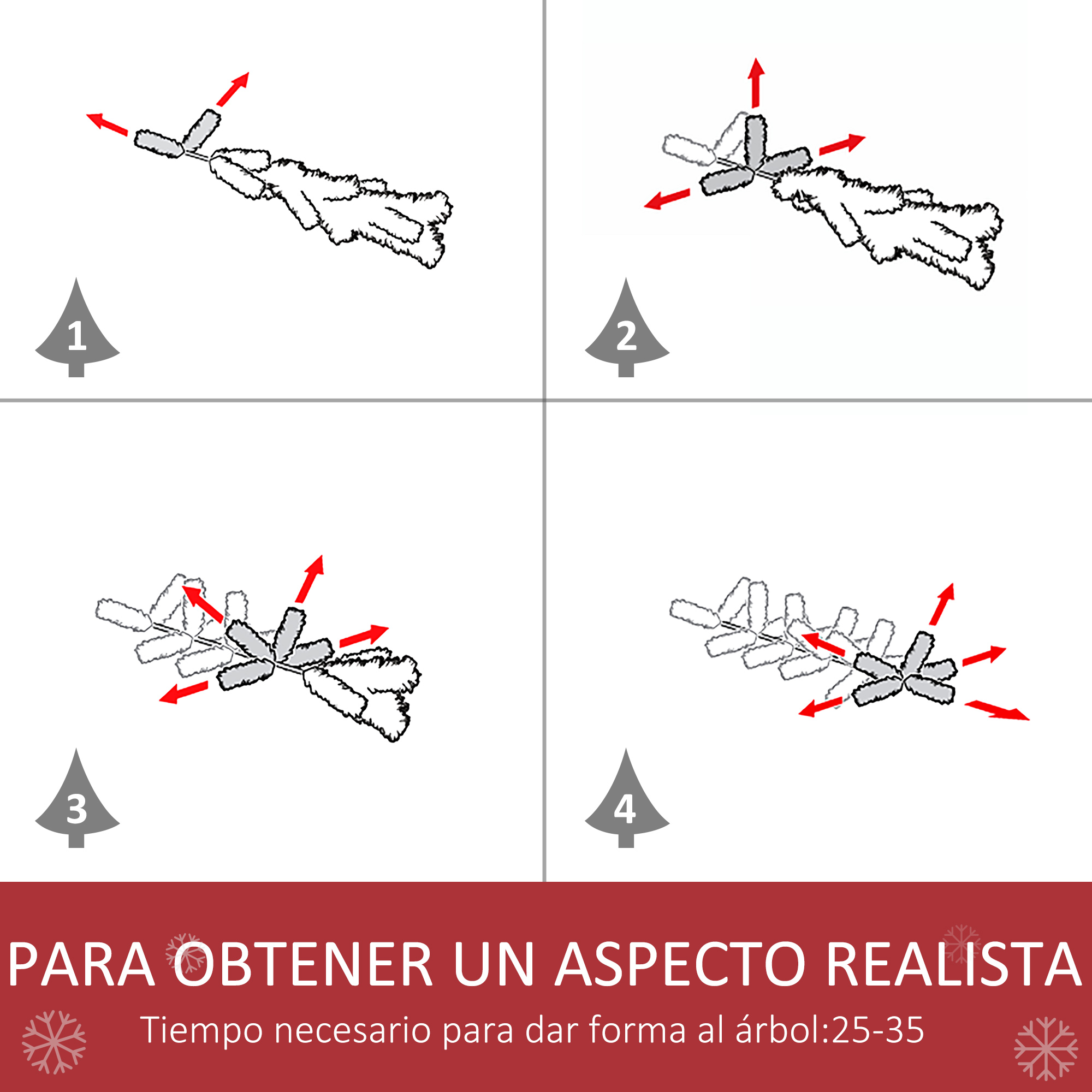 Instrucciones para dar forma a un árbol de Navidad, con números que indican el orden de los pasos.