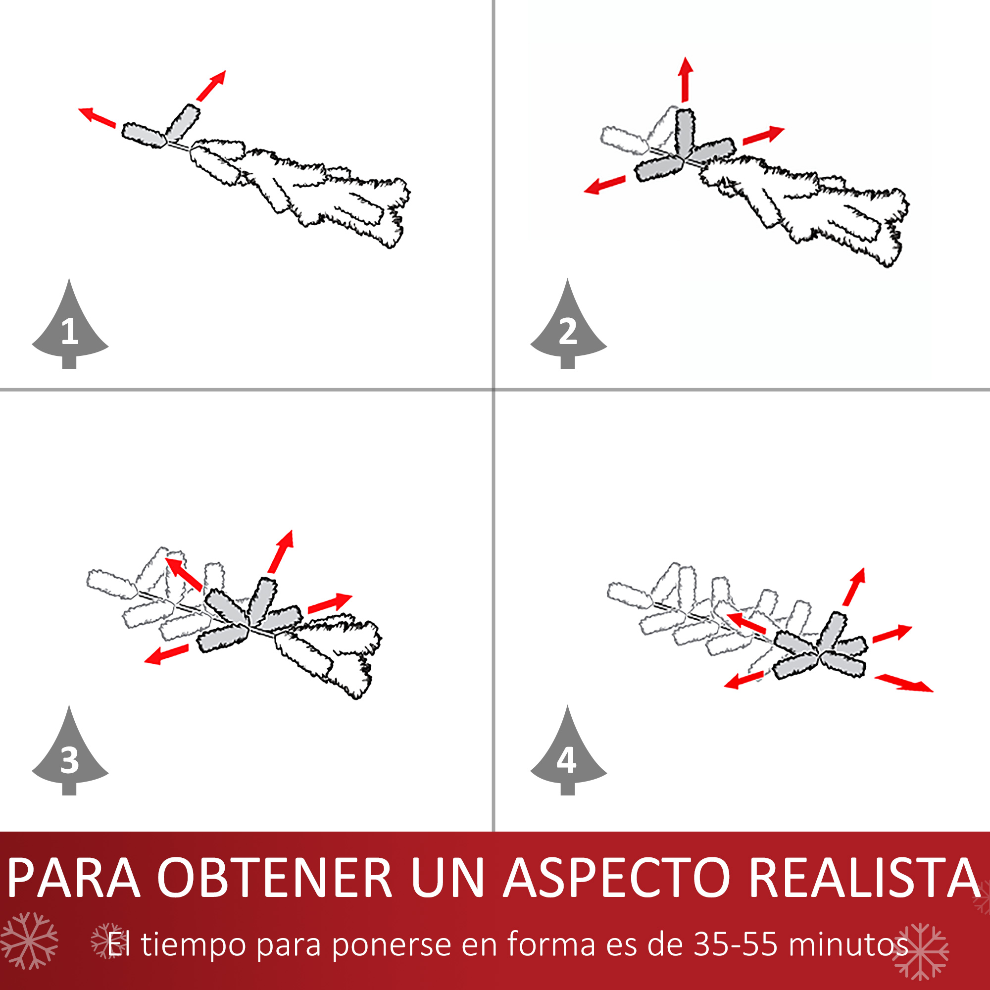 Diagrama que muestra el montaje de un árbol de Navidad. Incluye 4 pasos con flechas.
