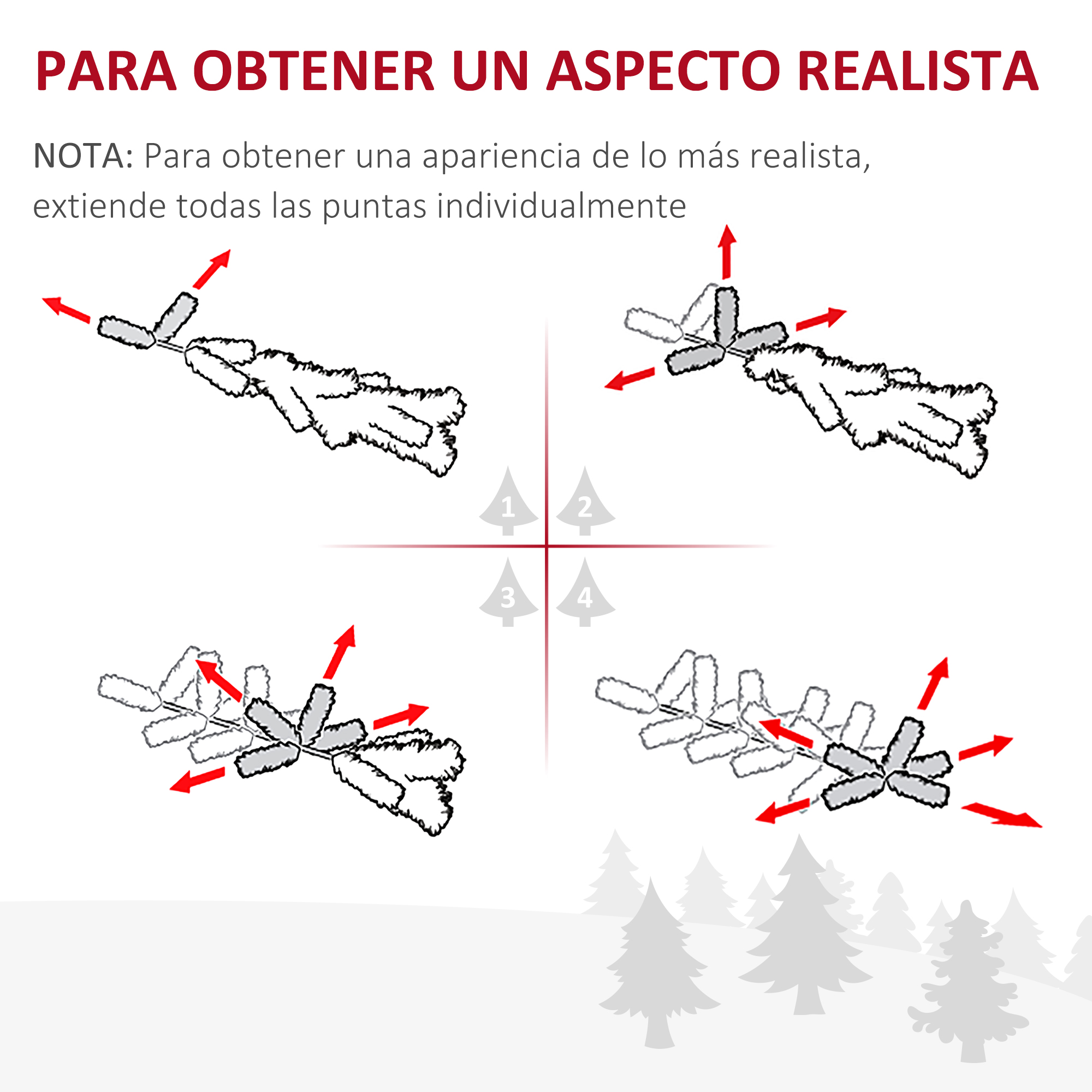 Diagrama que muestra cómo extender las ramas del árbol de Navidad artificial para una apariencia realista.