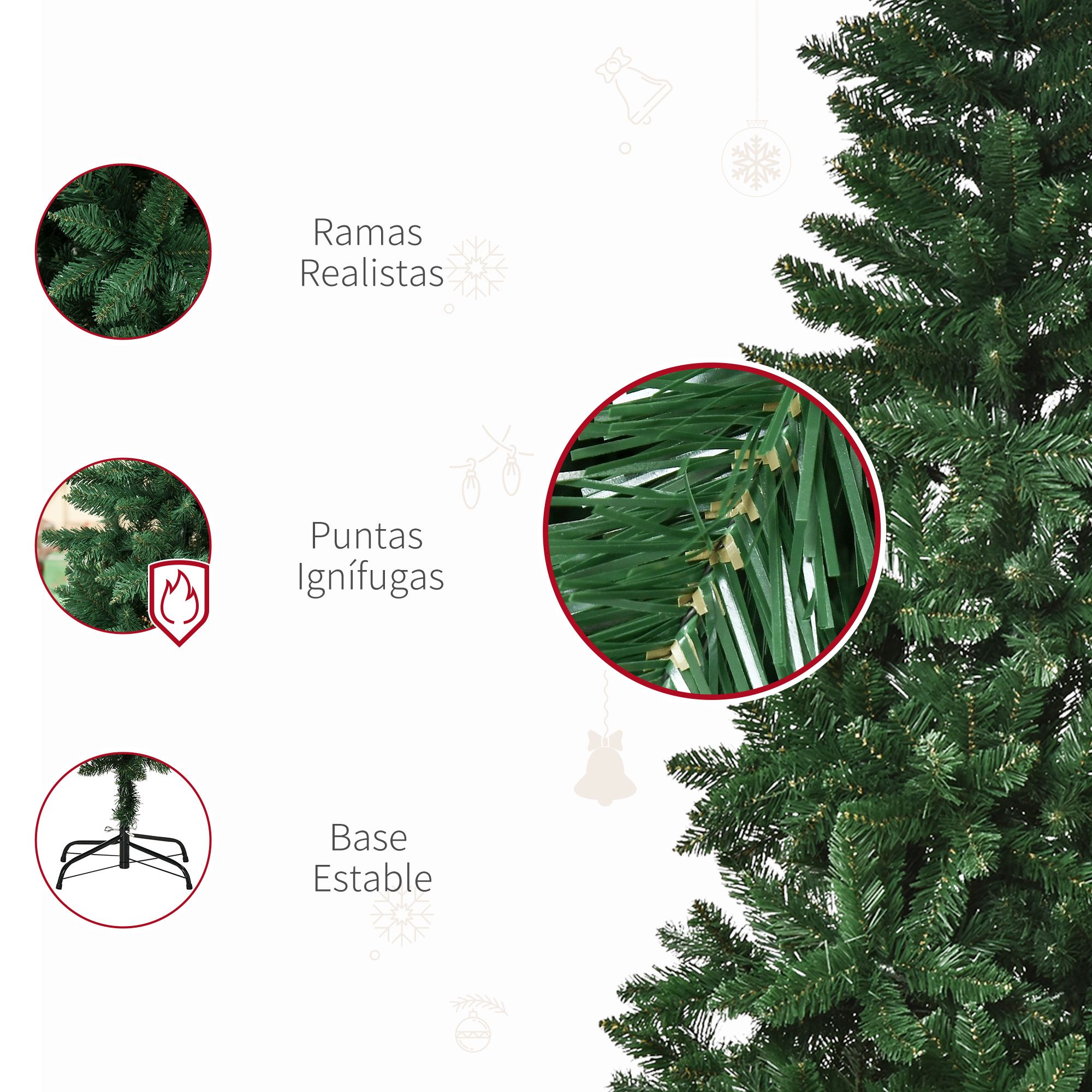 Detalles de un árbol de Navidad. Muestra ramas realistas, puntas ignífugas y una base estable.