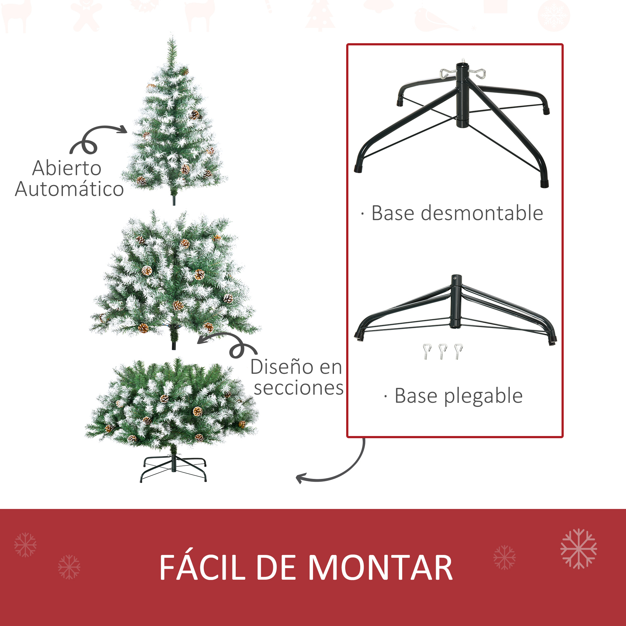 Pasos de montaje del árbol de Navidad. Incluye base y base plegable. Instrucciones en español.