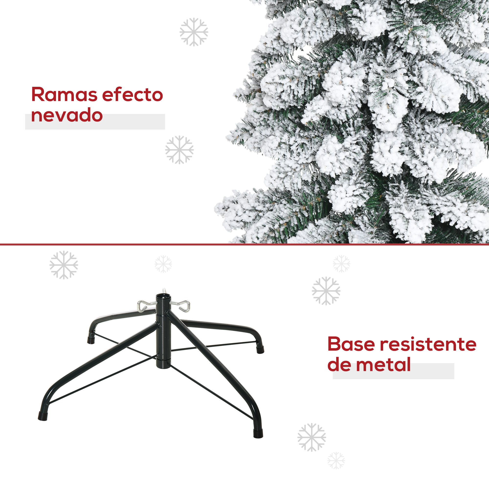 Primer plano de la base de un árbol de Navidad y ramas con efecto de nieve. Texto en español.