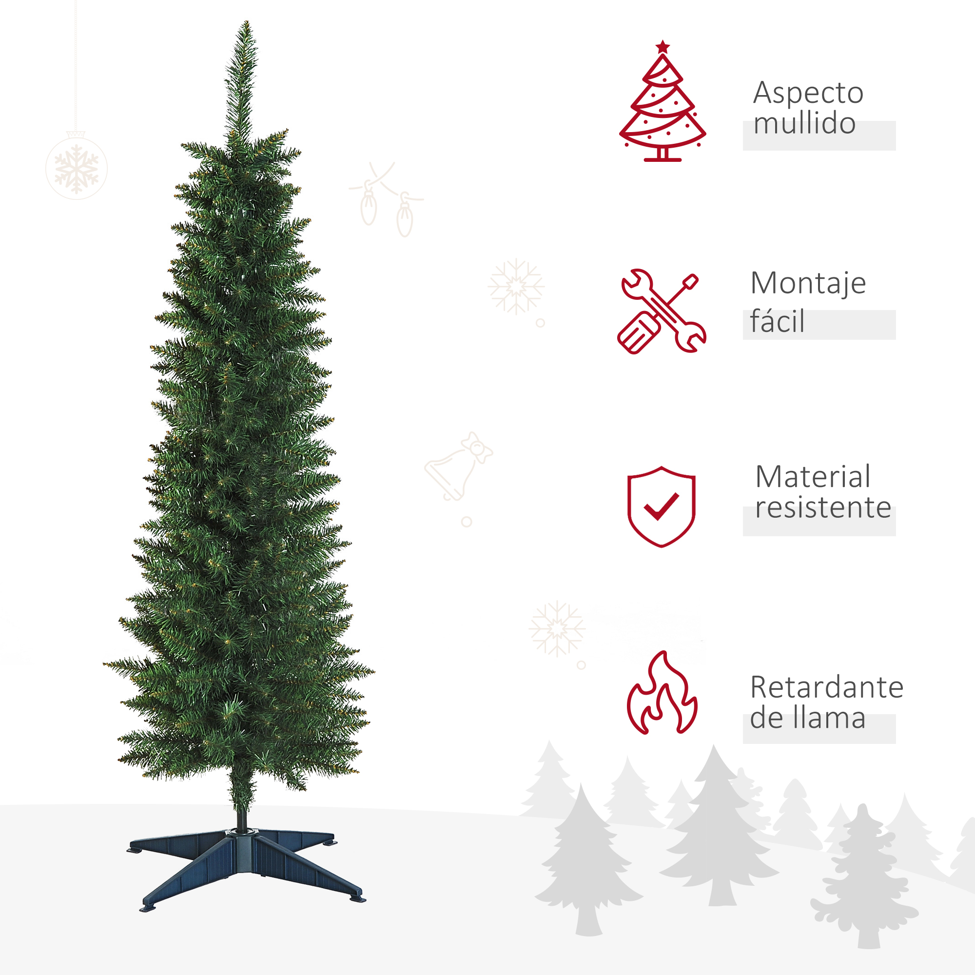 Un árbol de Navidad alto y verde sin luces, de pie sobre una base negra.