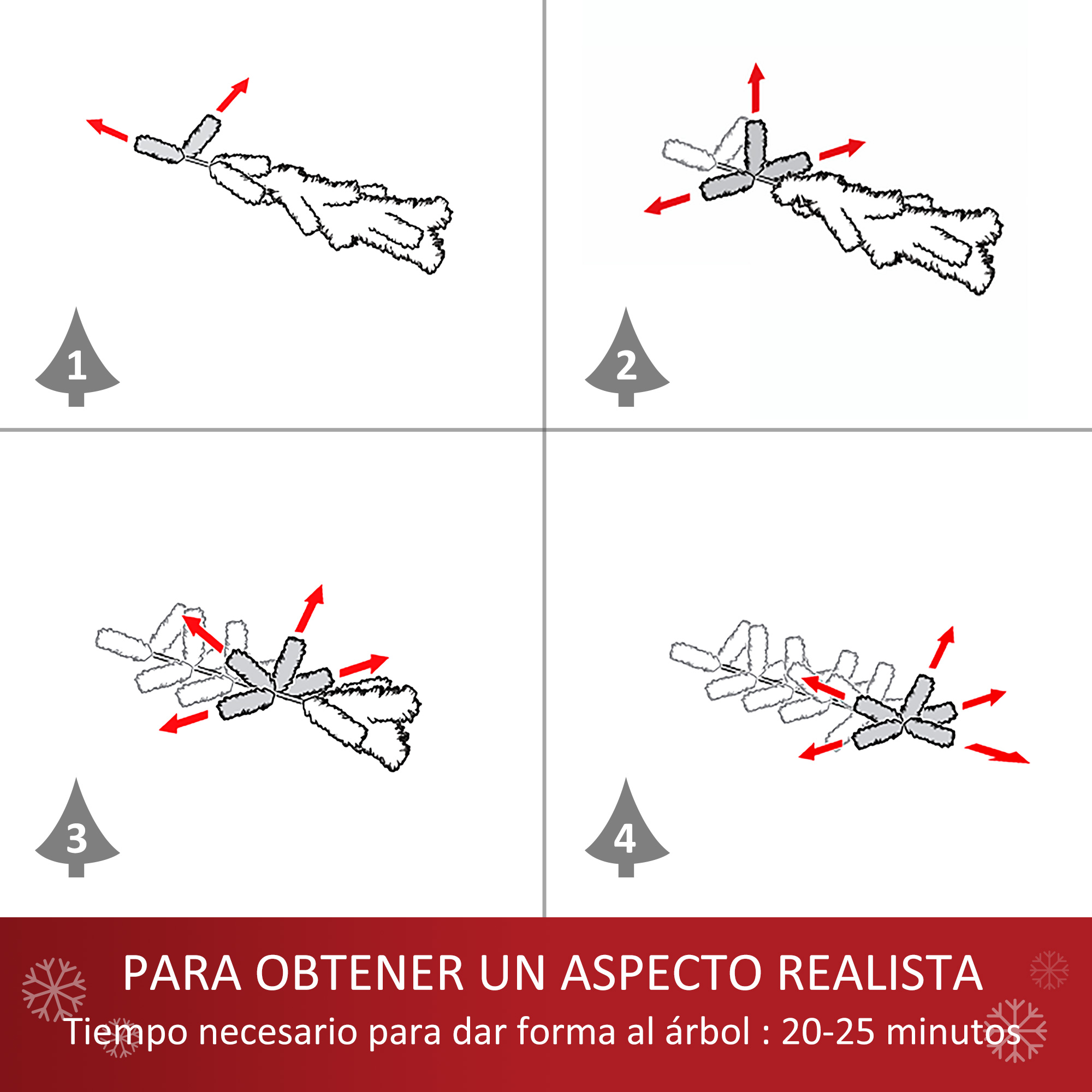 Cuatro diagramas que muestran los pasos para dar forma a un árbol de Navidad, con flechas rojas.