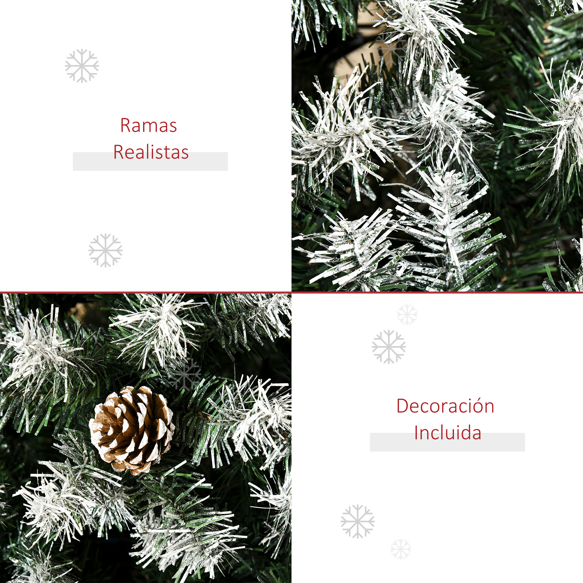 Primer plano de ramas de árbol de Navidad con nieve y decoraciones.