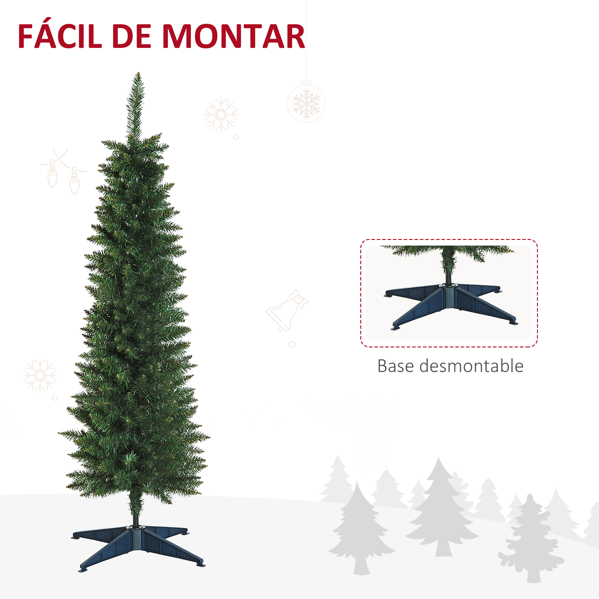 Árbol de Navidad verde con base desmontable. Texto: Fácil de montar, base desmontable.