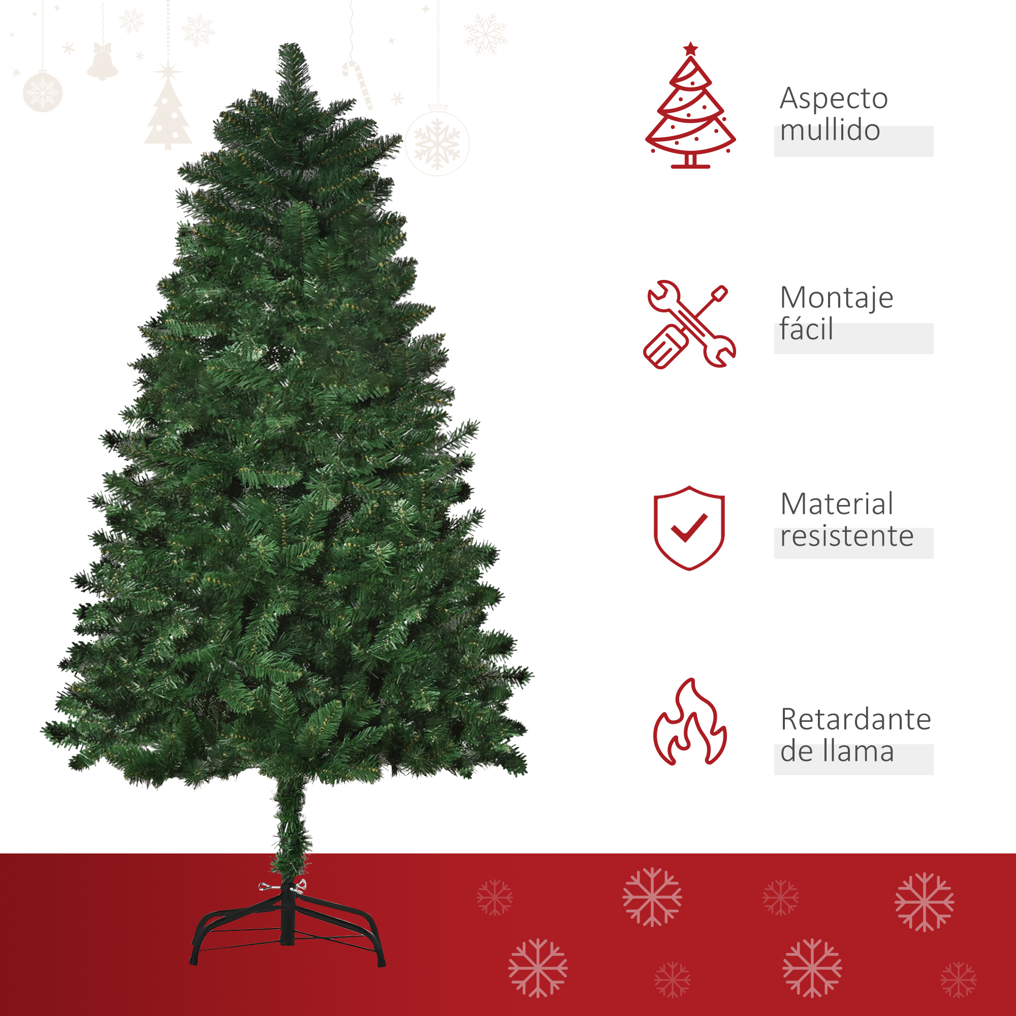 Árbol de Navidad verde con base negra. Aspecto mullido, fácil montaje y retardante de llama.