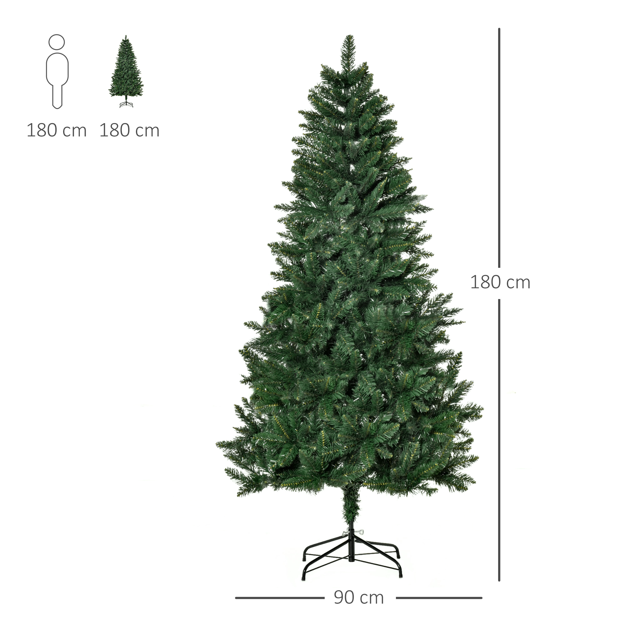 Un árbol de Navidad verde alto con una base negra y una persona al lado.
