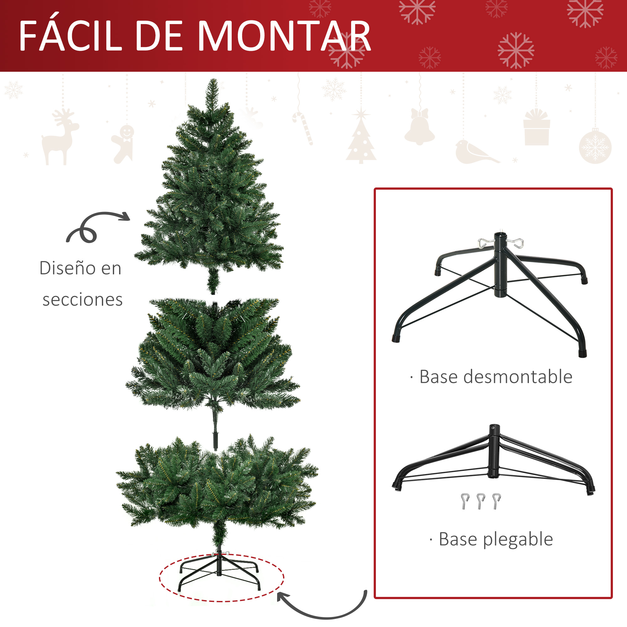 Un árbol de Navidad verde desmontado con una base plegable y el texto 'Fácil de montar'.